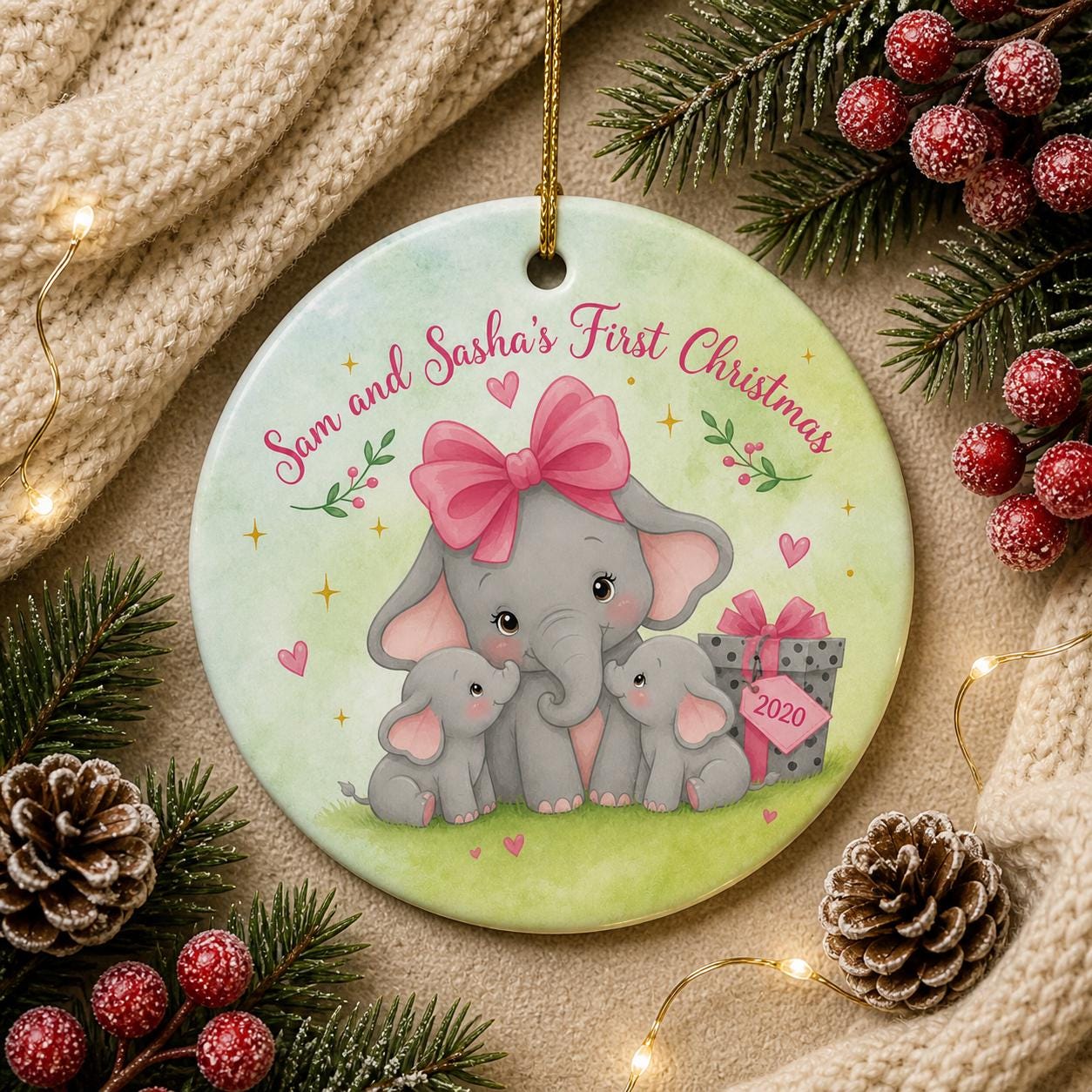 Elephant Twins First Christmas Ornament, Watercolor Baby Gift, New Mom KeepsakePersonalized