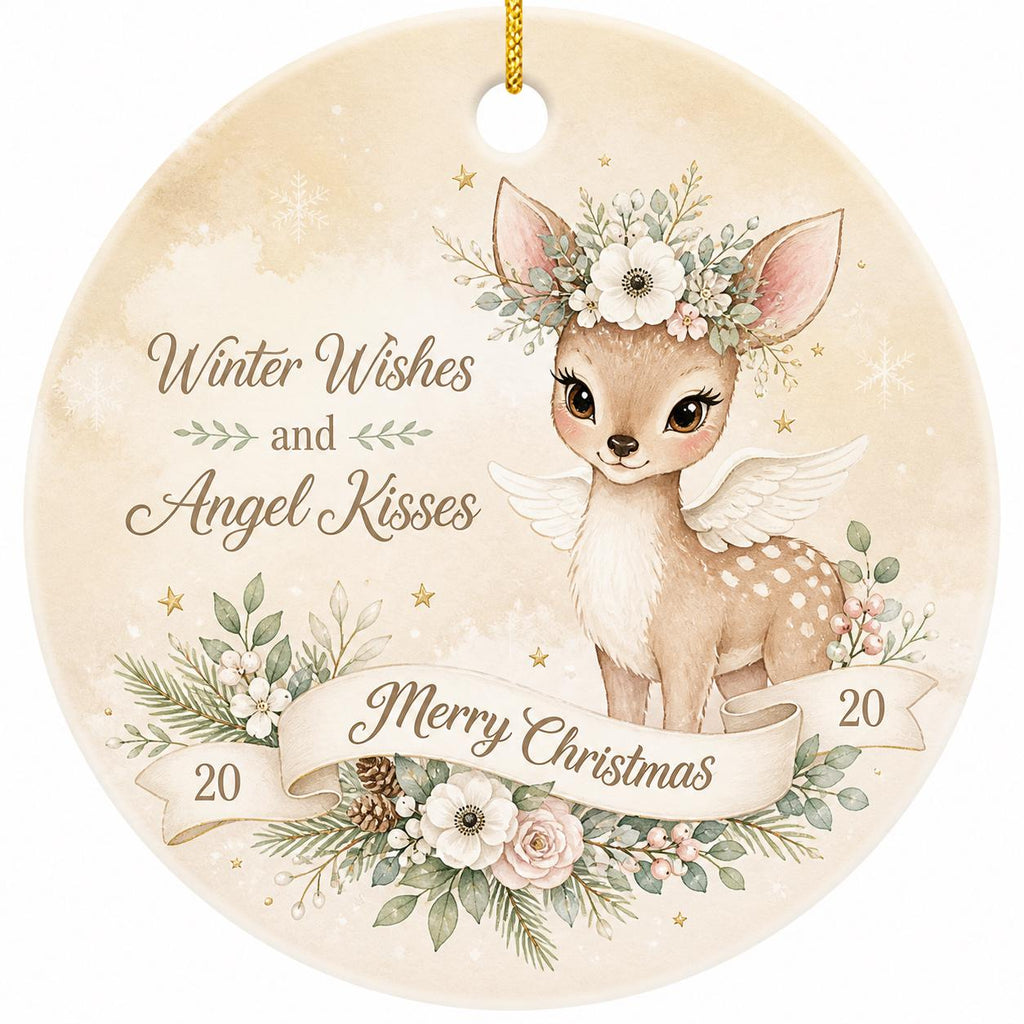 Angel Fawn Ceramic Ornament, Watercolor Floral Deer, Winter Wishes Keepsake, Custom Name GiftPersonalized