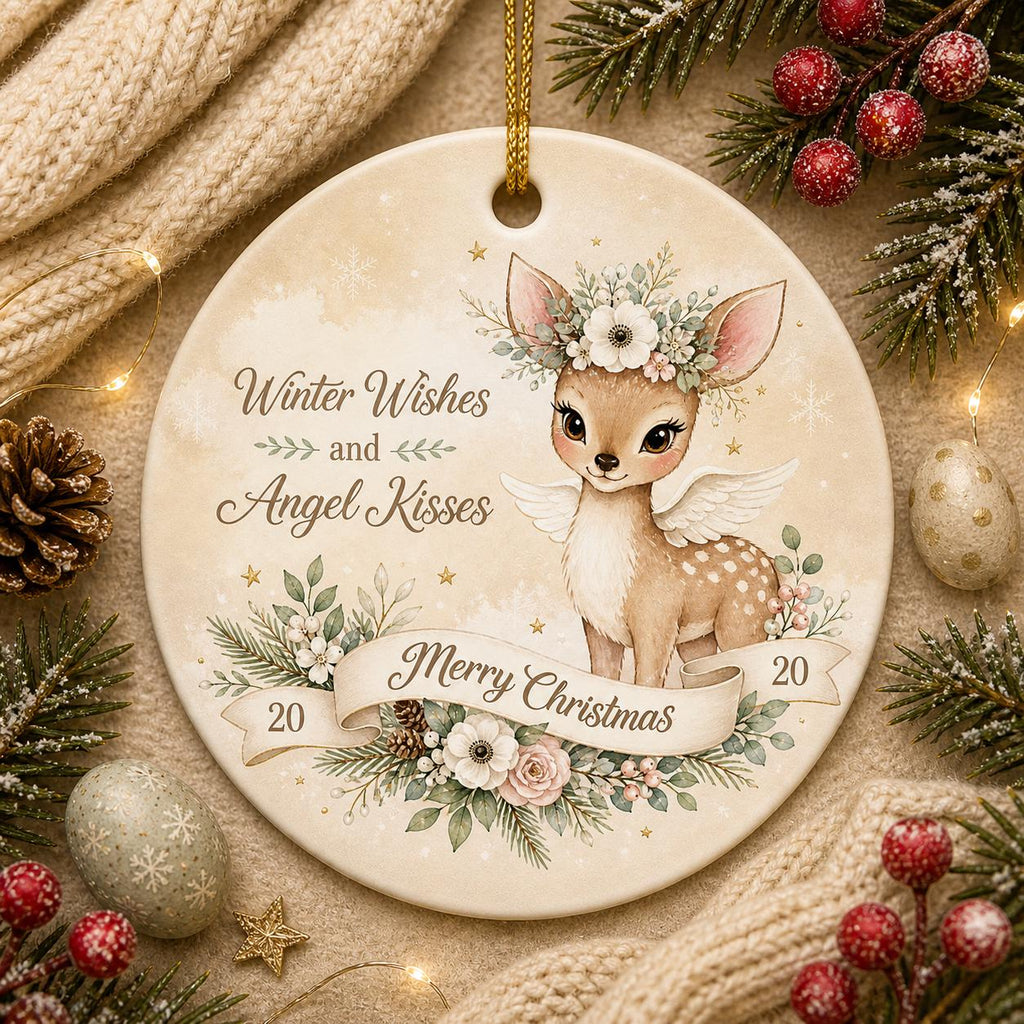 Angel Fawn Ceramic Ornament, Watercolor Floral Deer, Winter Wishes Keepsake, Custom Name GiftPersonalized