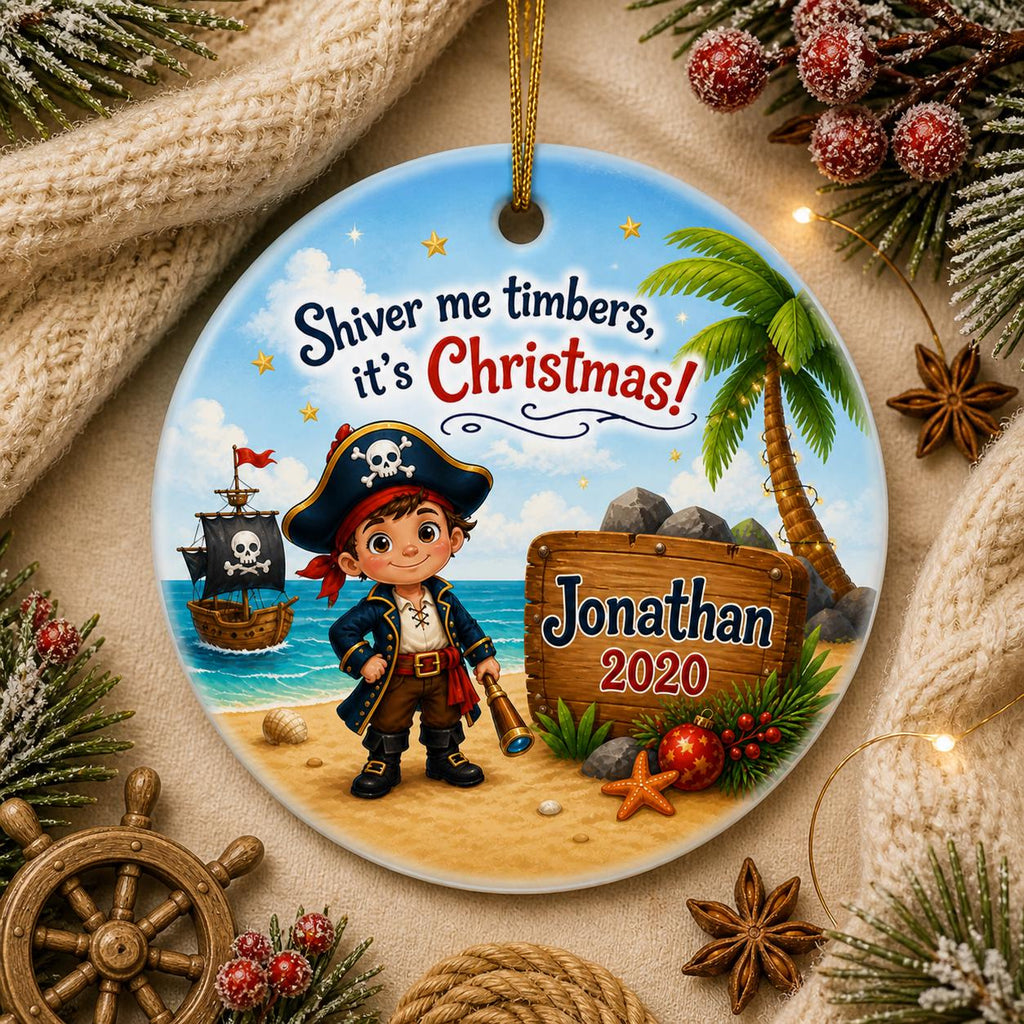 Pirate Christmas Ornament, Custom Name Nautical Decor, Tropical Holiday KeepsakePersonalized