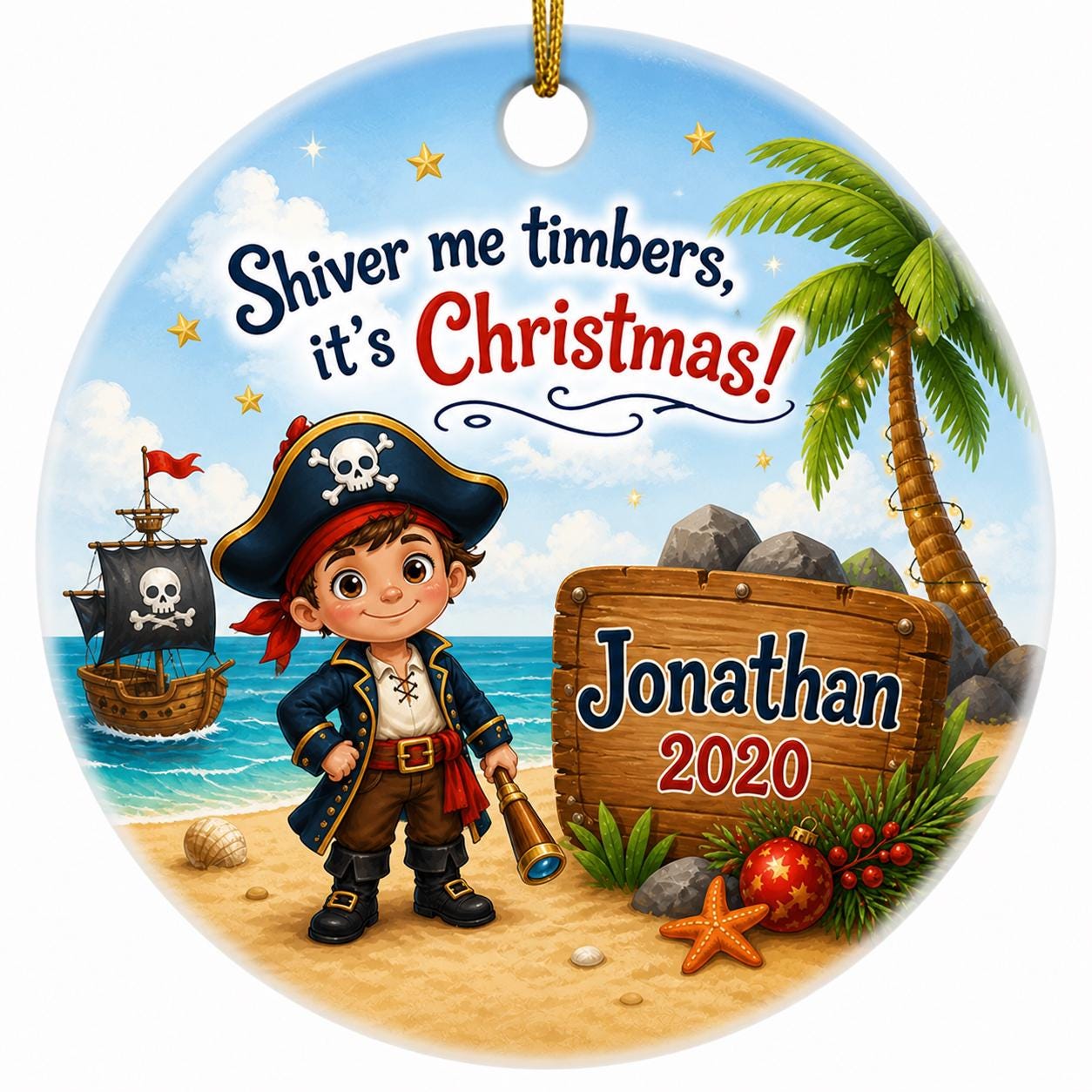 Pirate Christmas Ornament, Custom Name Nautical Decor, Tropical Holiday KeepsakePersonalized