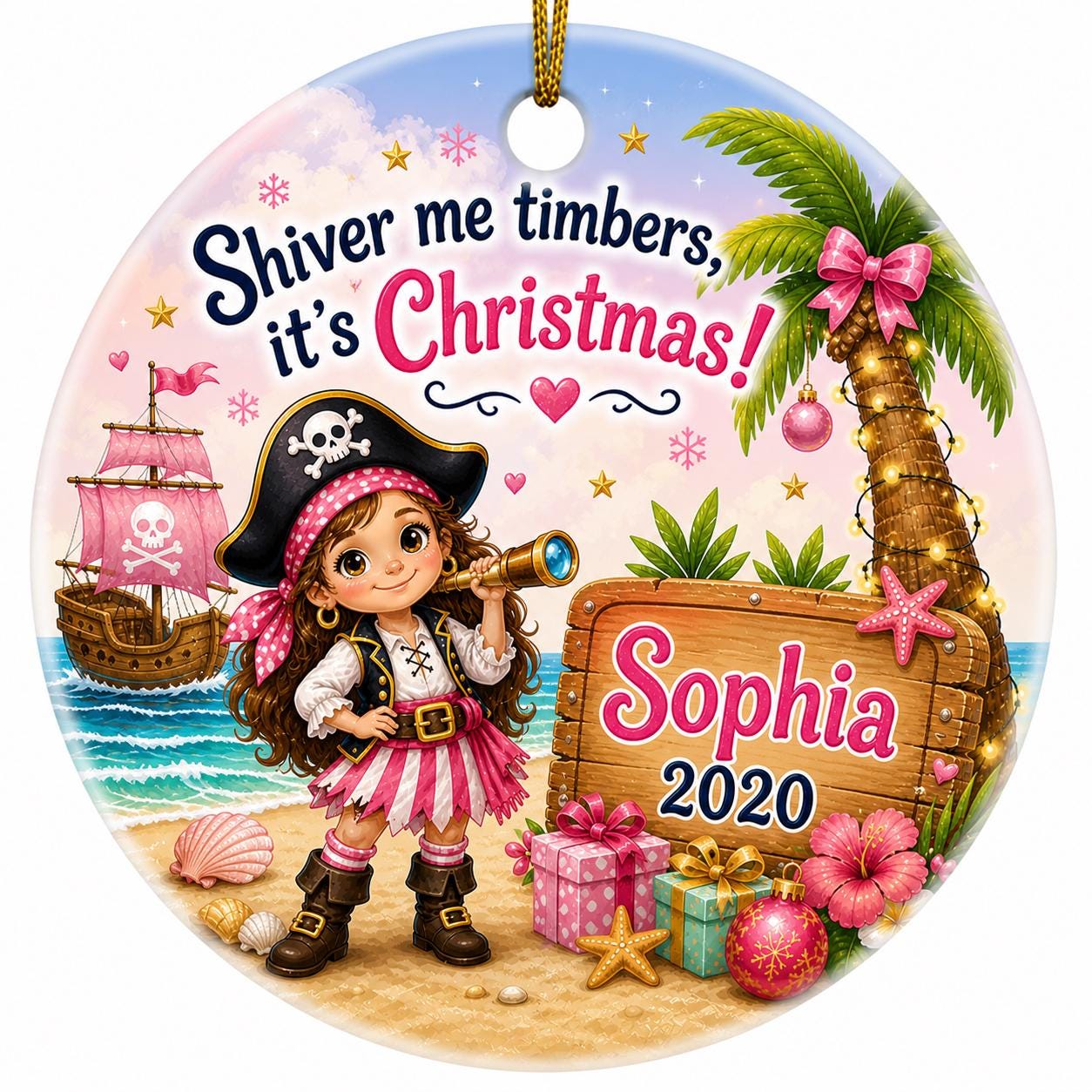 Pirate Girl Ceramic Ornament, Tropical Nautical Christmas KeepsakePersonalized