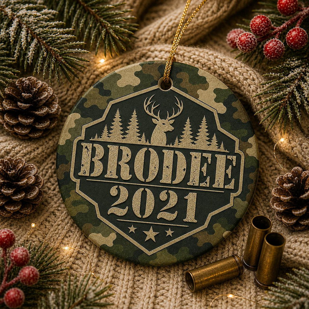 Custom Camo Deer Ornament, Personalized Name Year, Hunter Woodland Holiday KeepsakePersonalized