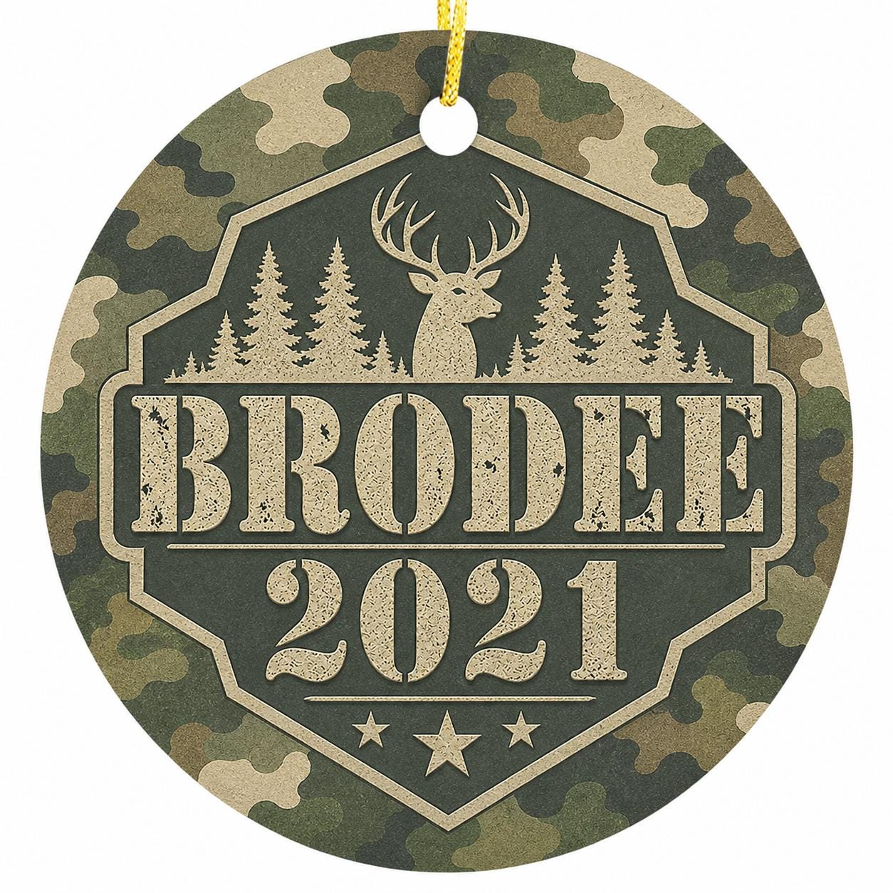 Custom Camo Deer Ornament, Personalized Name Year, Hunter Woodland Holiday KeepsakePersonalized