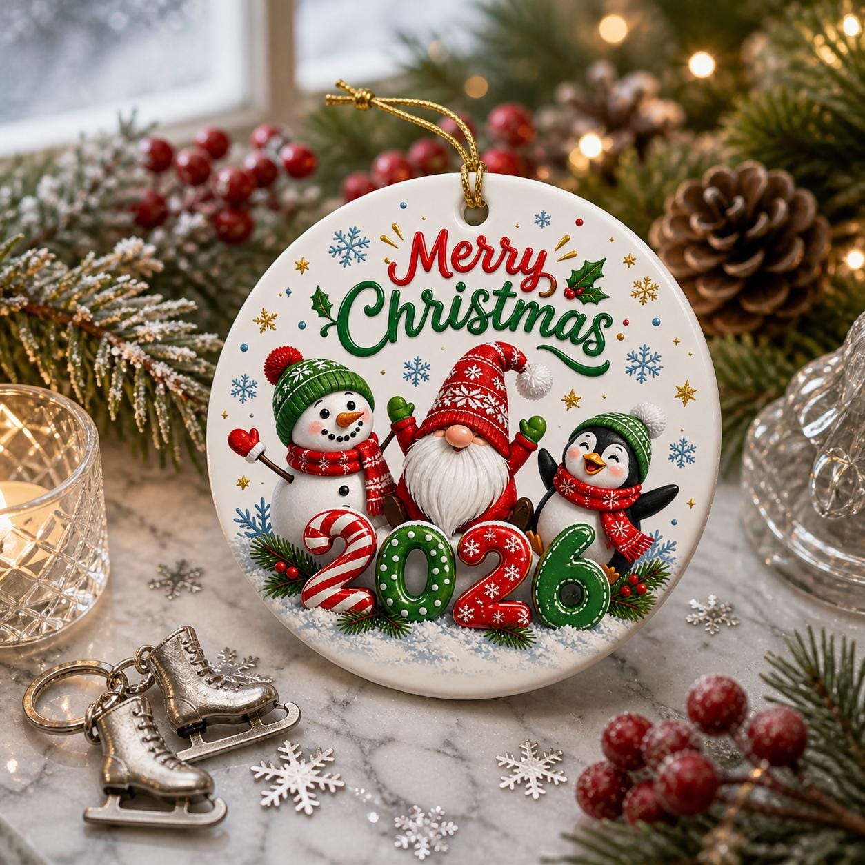 Gnome Snowman Penguin Christmas Ornament, Nordic Winter Scene Ceramic KeepsakePersonalized