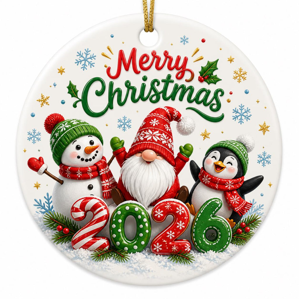 Gnome Snowman Penguin Christmas Ornament, Nordic Winter Scene Ceramic KeepsakePersonalized