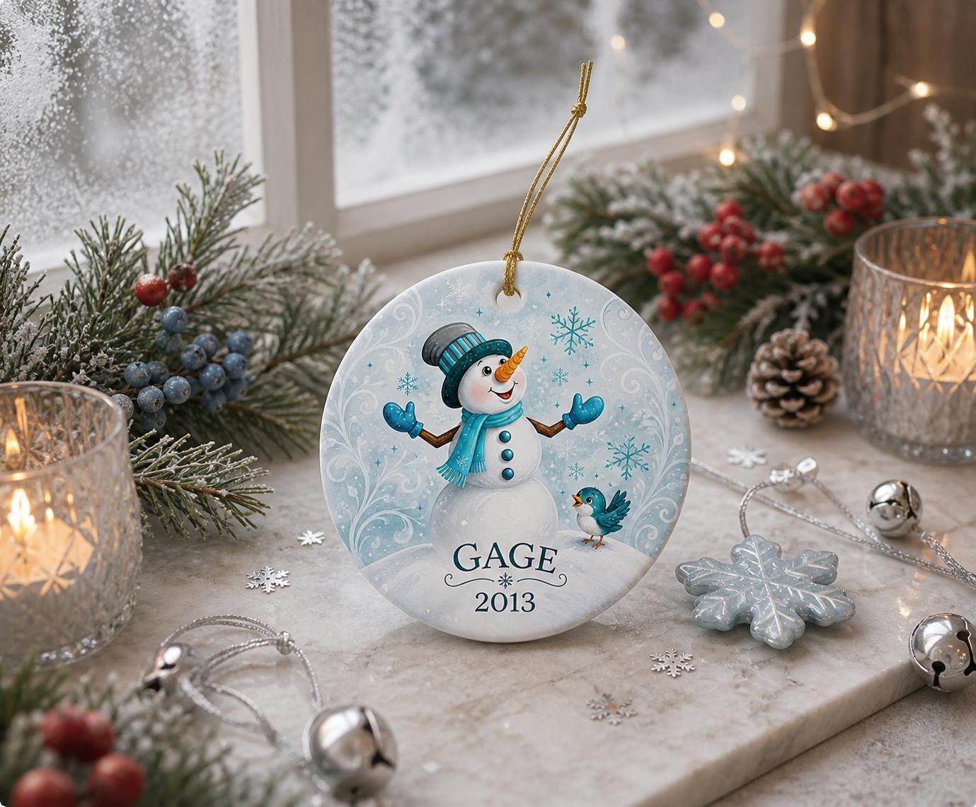 Snowman Ornament, Baby's First Christmas, Winter Wonderland Ceramic KeepsakePersonalized
