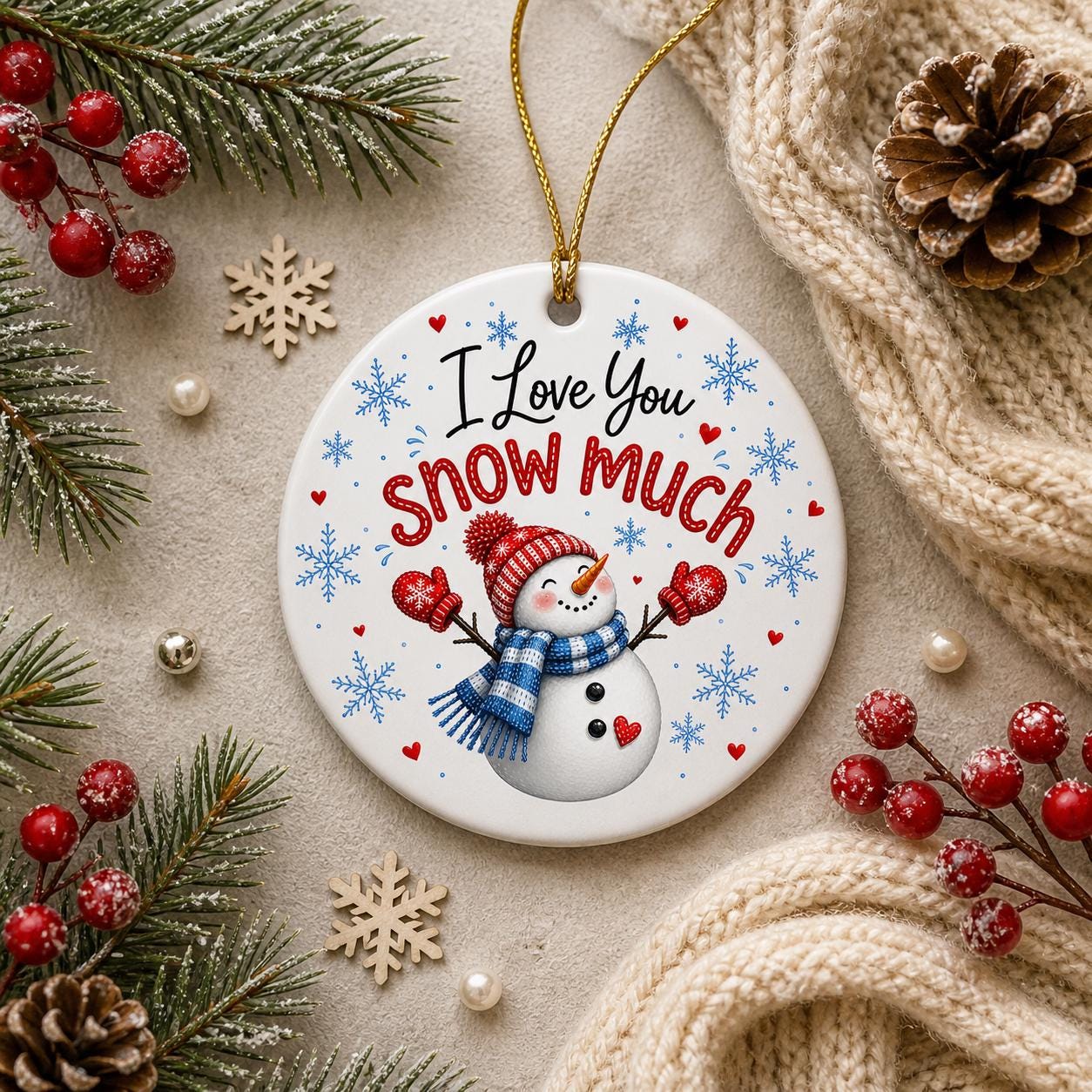 Snowman Ornament, I Love You Snow Much Christmas Decor, Ceramic Winter KeepsakePersonalized