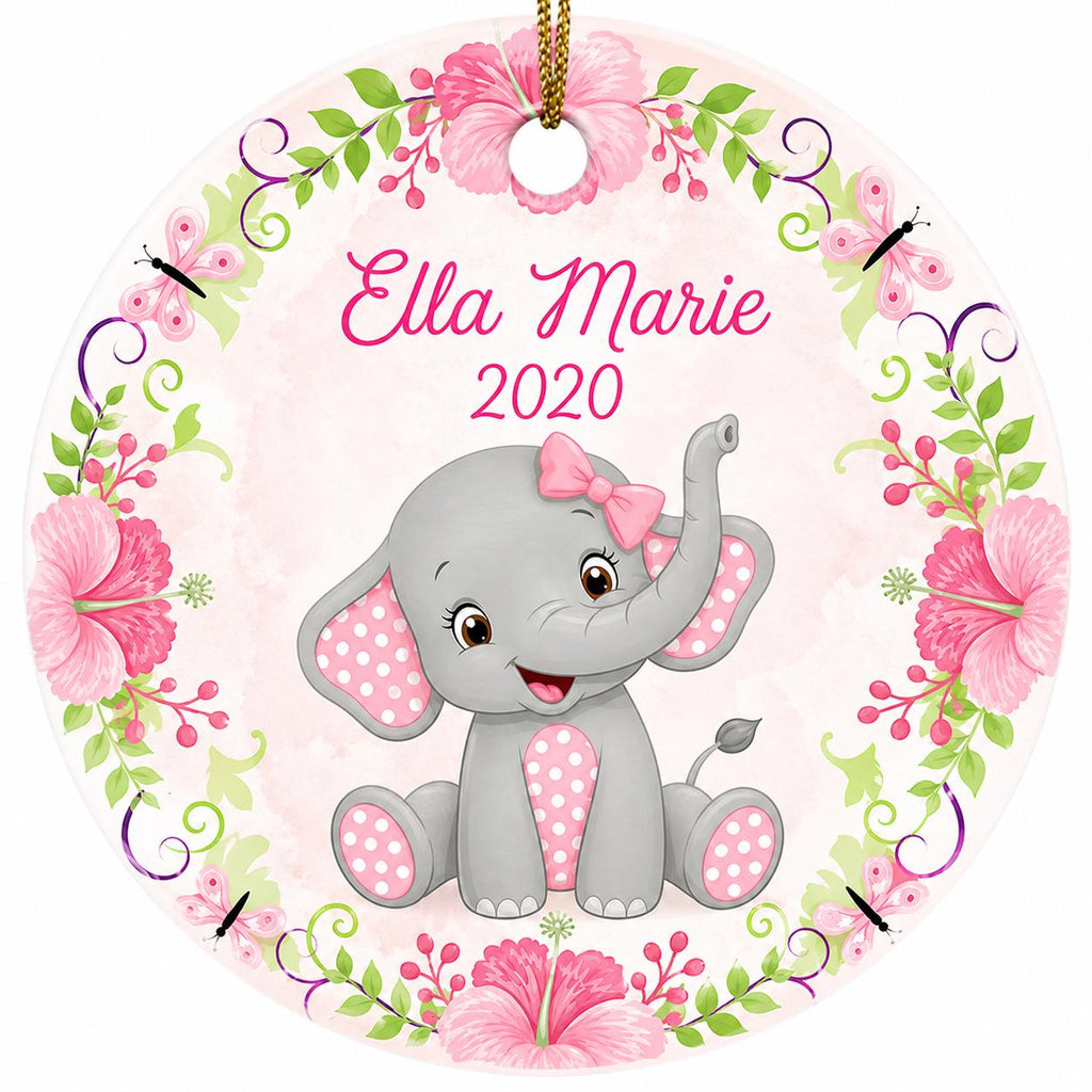 Baby Girl Elephant Ornament, Pink Floral Nursery Decor, Ceramic KeepsakePersonalized