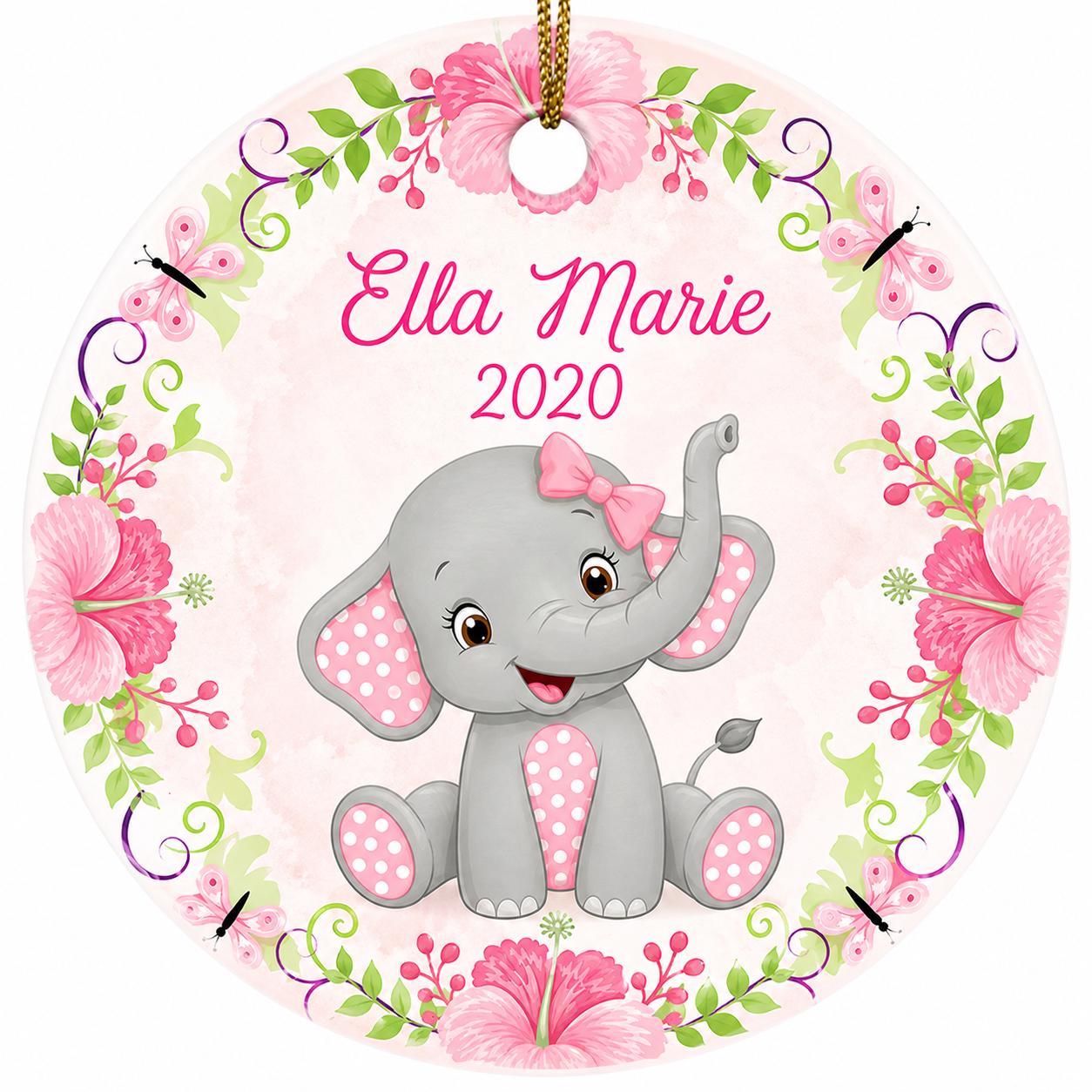 Baby Girl Elephant Ornament, Pink Floral Nursery Decor, Ceramic KeepsakePersonalized