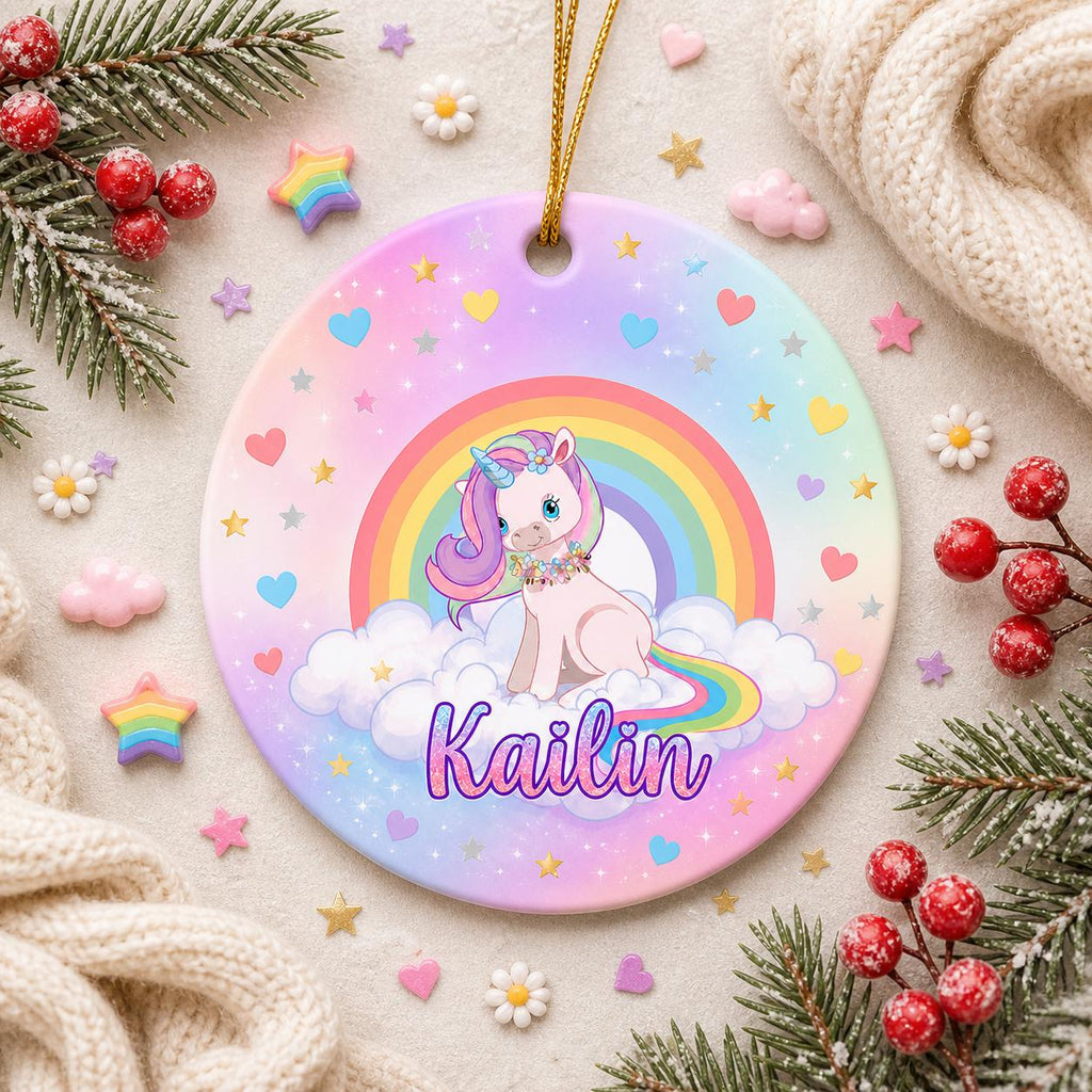 Unicorn Ceramic Ornament, Rainbow, Pink Sparkle Keepsake, Girl GiftPersonalized