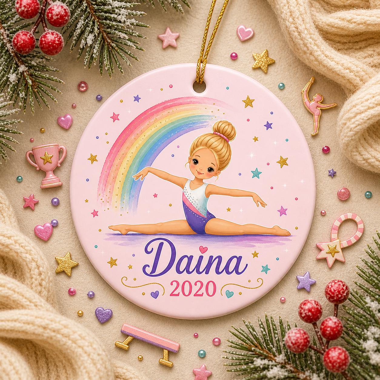 Gymnast Ceramic Ornament, Custom Name Girl Gift, Rainbow Dance KeepsakePersonalized