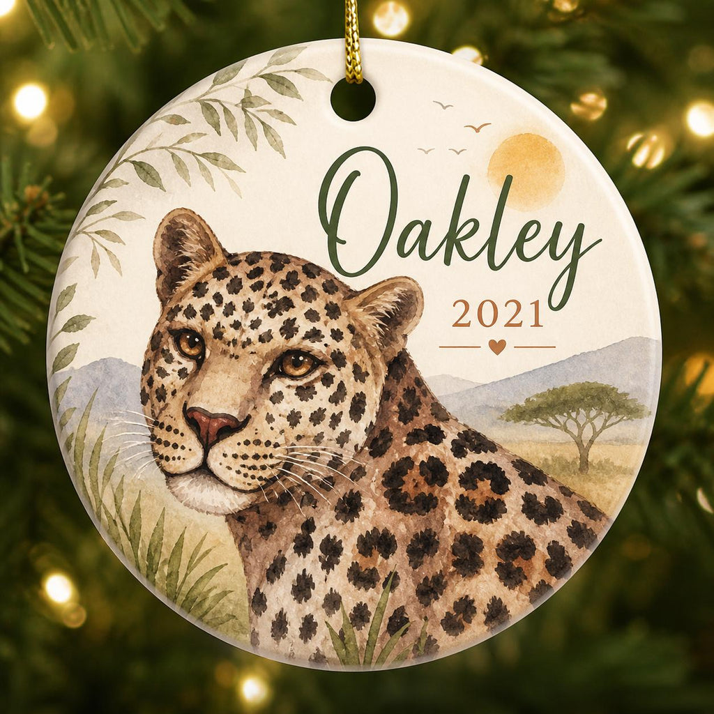 Leopard Safari Ceramic Ornament, Wild Animal Keepsake, Jungle Nursery DecorPersonalized