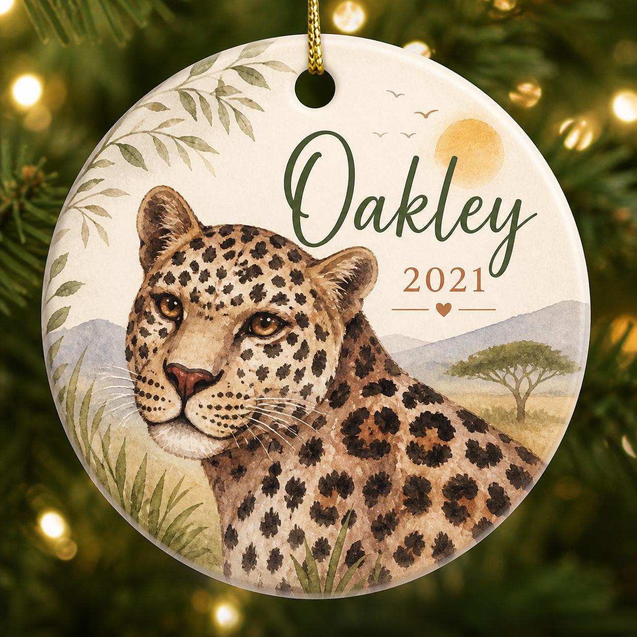 Leopard Safari Ceramic Ornament, Wild Animal Keepsake, Jungle Nursery DecorPersonalized