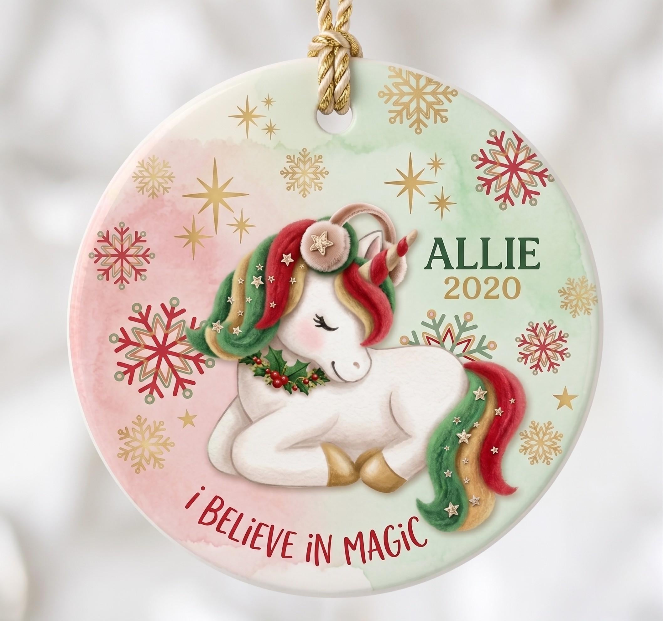 Ceramic Unicorn Christmas Ornament, Whimsical Holiday Keepsake, Custom Name GiftPersonalized