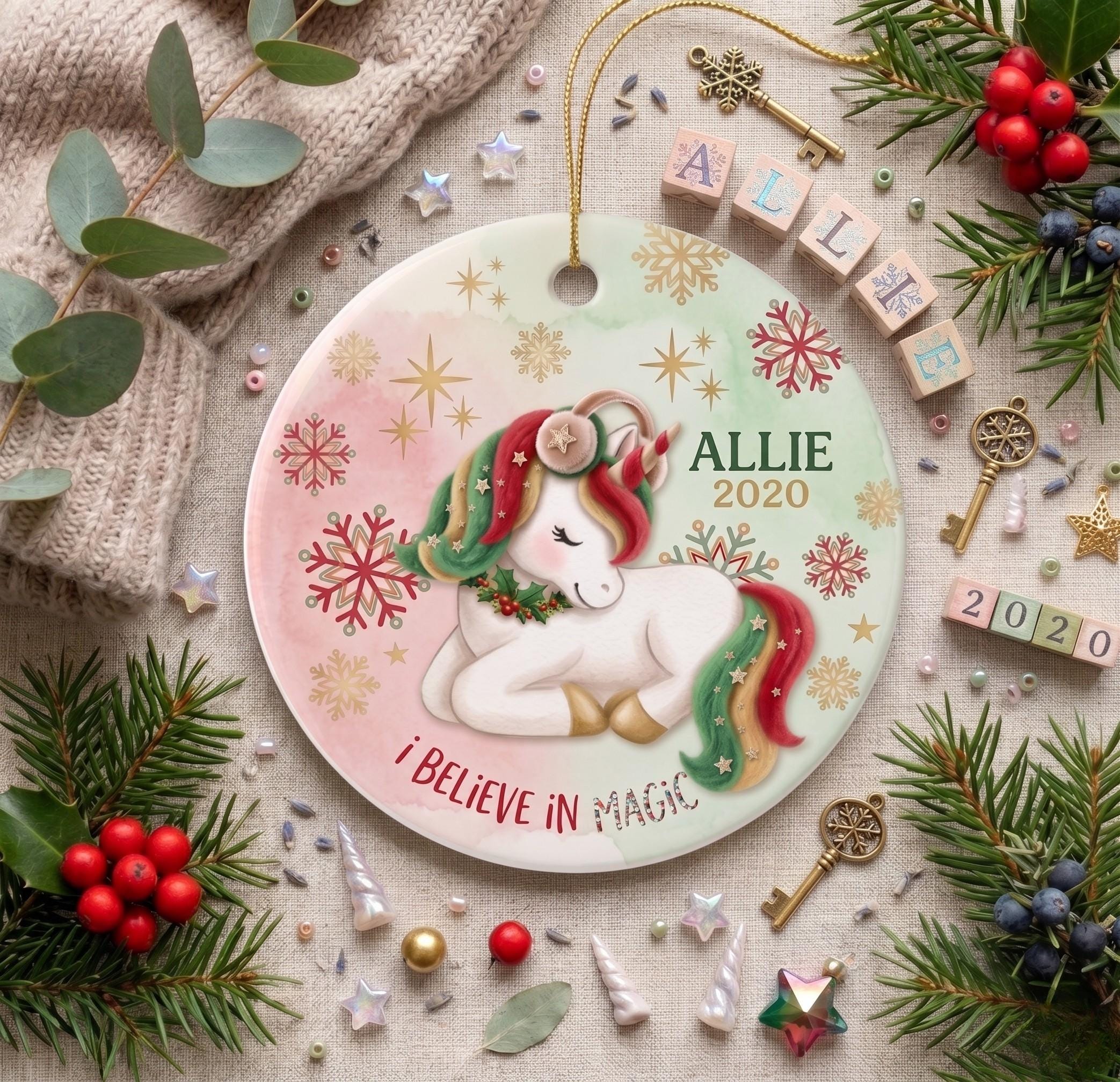 Ceramic Unicorn Christmas Ornament, Whimsical Holiday Keepsake, Custom Name GiftPersonalized