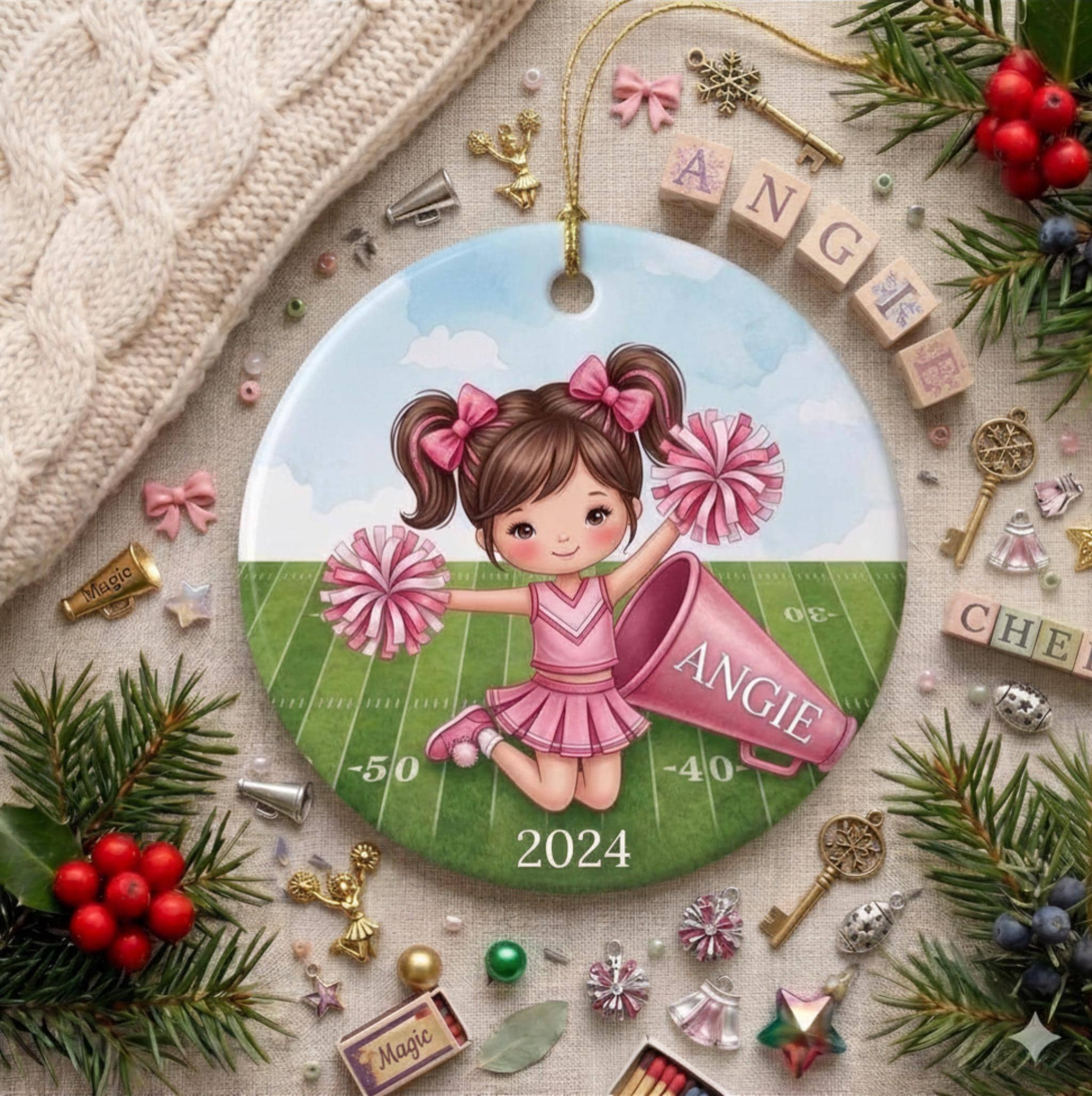 Cheerleader Ornament, Pink Uniform, Football Field Ceramic KeepsakePersonalized