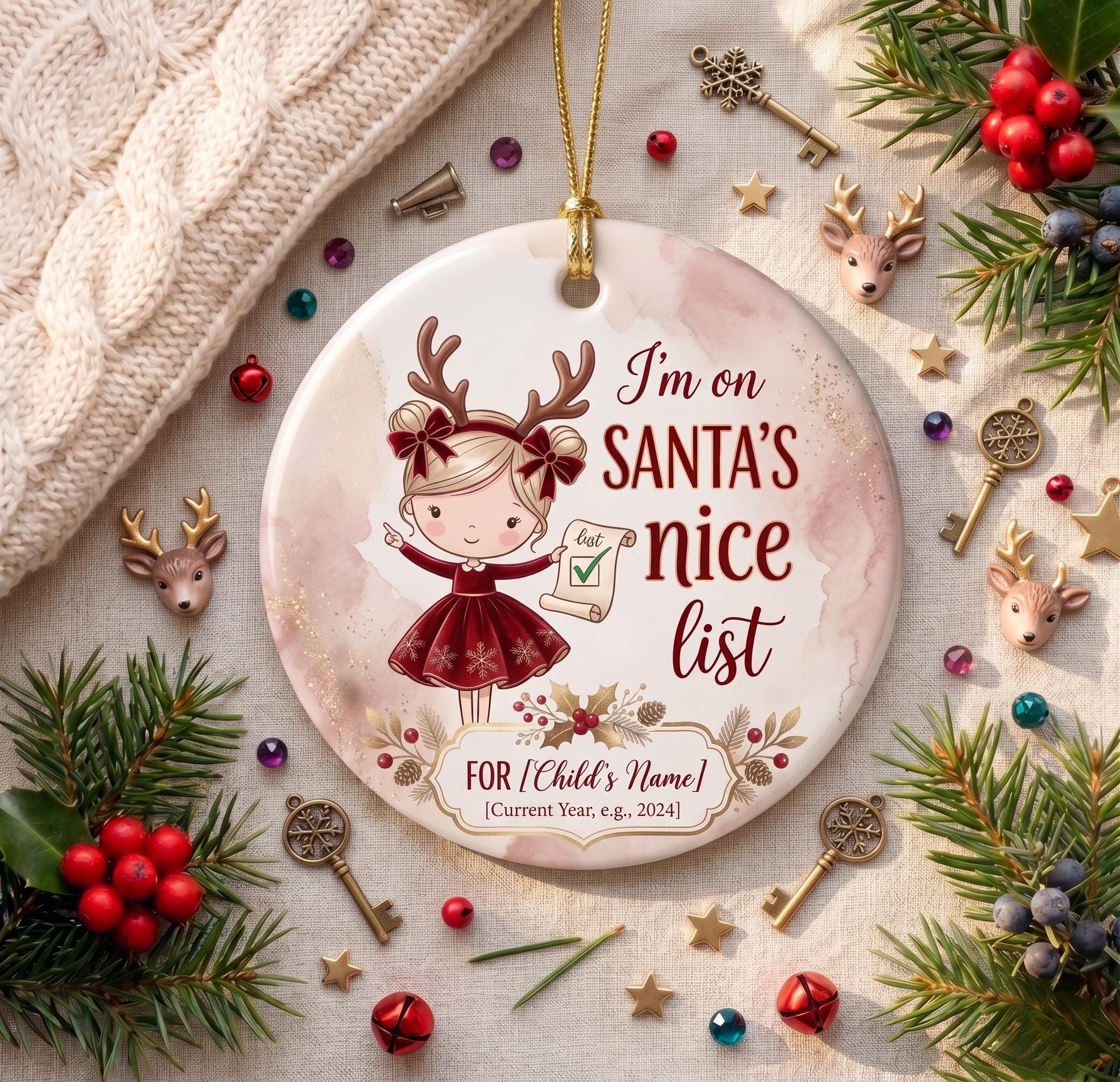 Santa's Nice List Girl Ornament, Custom Reindeer Keepsake, Daughter Christmas ArtPersonalized
