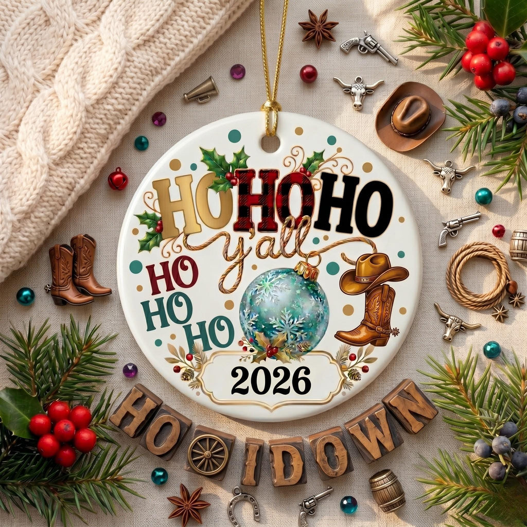Southern Christmas Ho Ho Ho Y'all Ceramic Ornament, Buffalo Plaid Christmas Decor, Teal Snowflakes KeepsakePersonalized