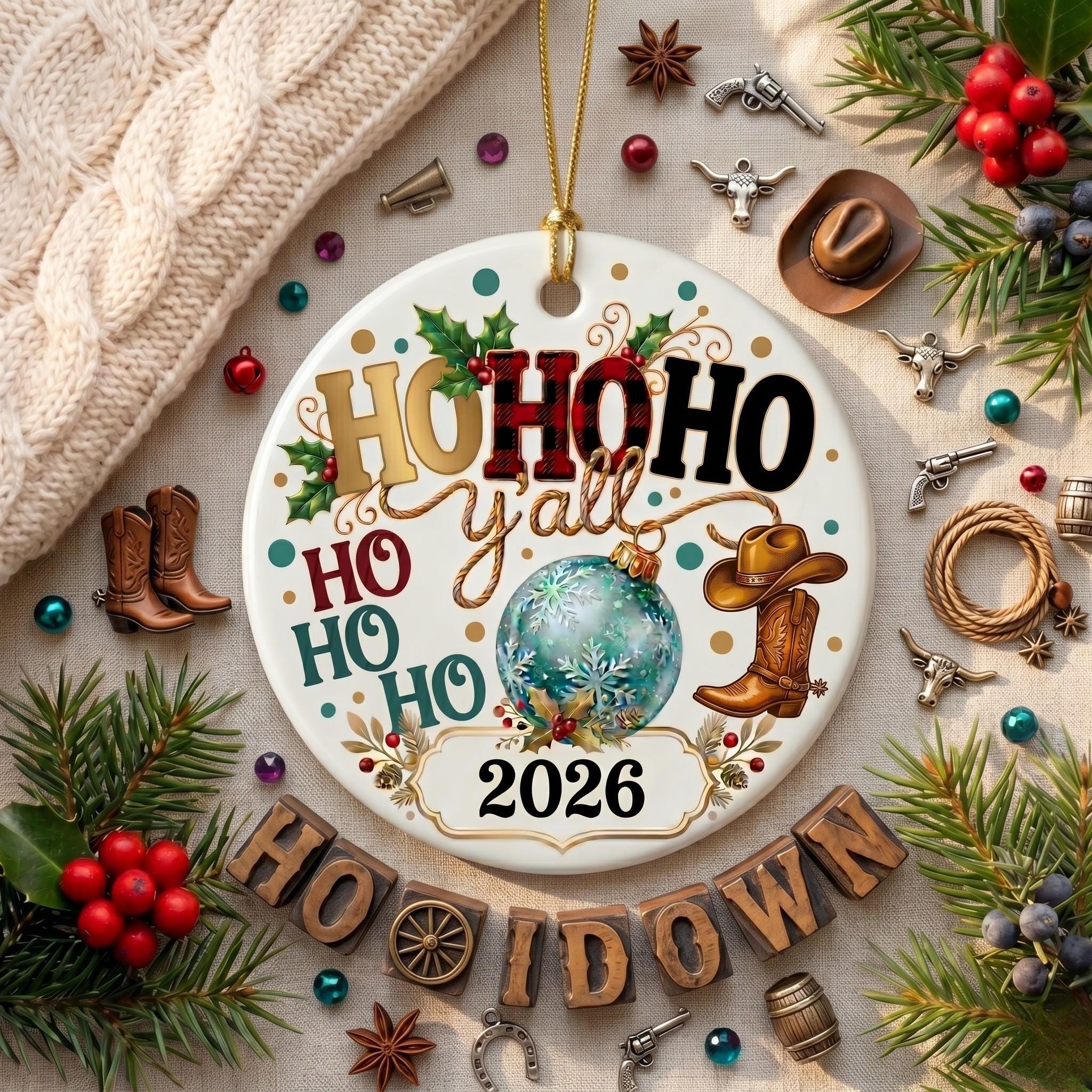 Southern Christmas Ho Ho Ho Y'all Ceramic Ornament, Buffalo Plaid Christmas Decor, Teal Snowflakes KeepsakePersonalized