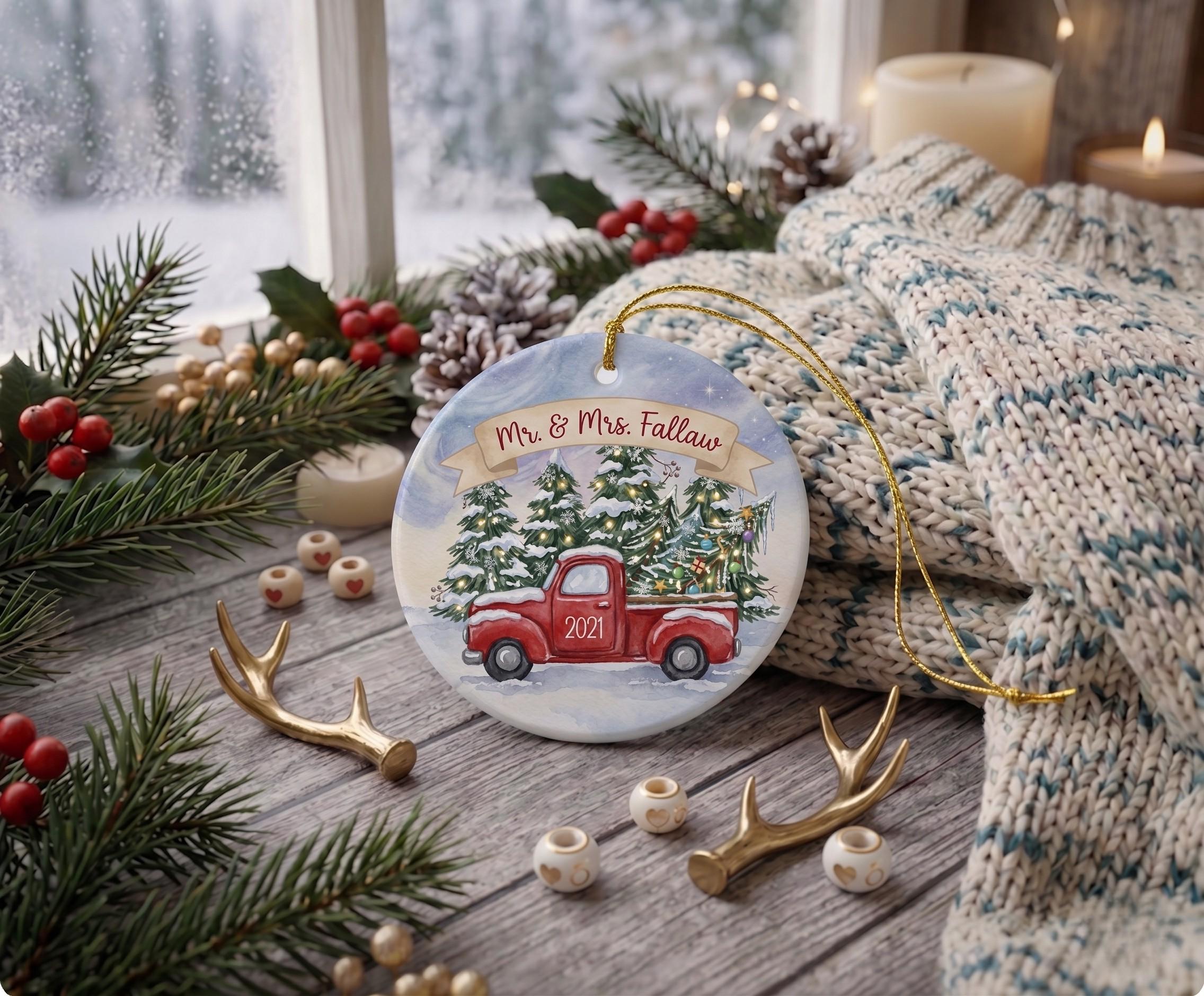 Red Vintage Truck Christmas Ornament, Rustic Farmhouse KeepsakePersonalized