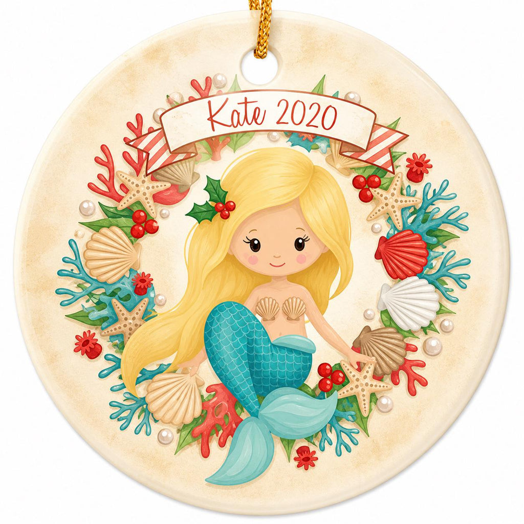 Mermaid Ceramic Ornament, Under the Sea Wreath, Nautical Nursery Decor, Custom Name KeepsakePersonalized