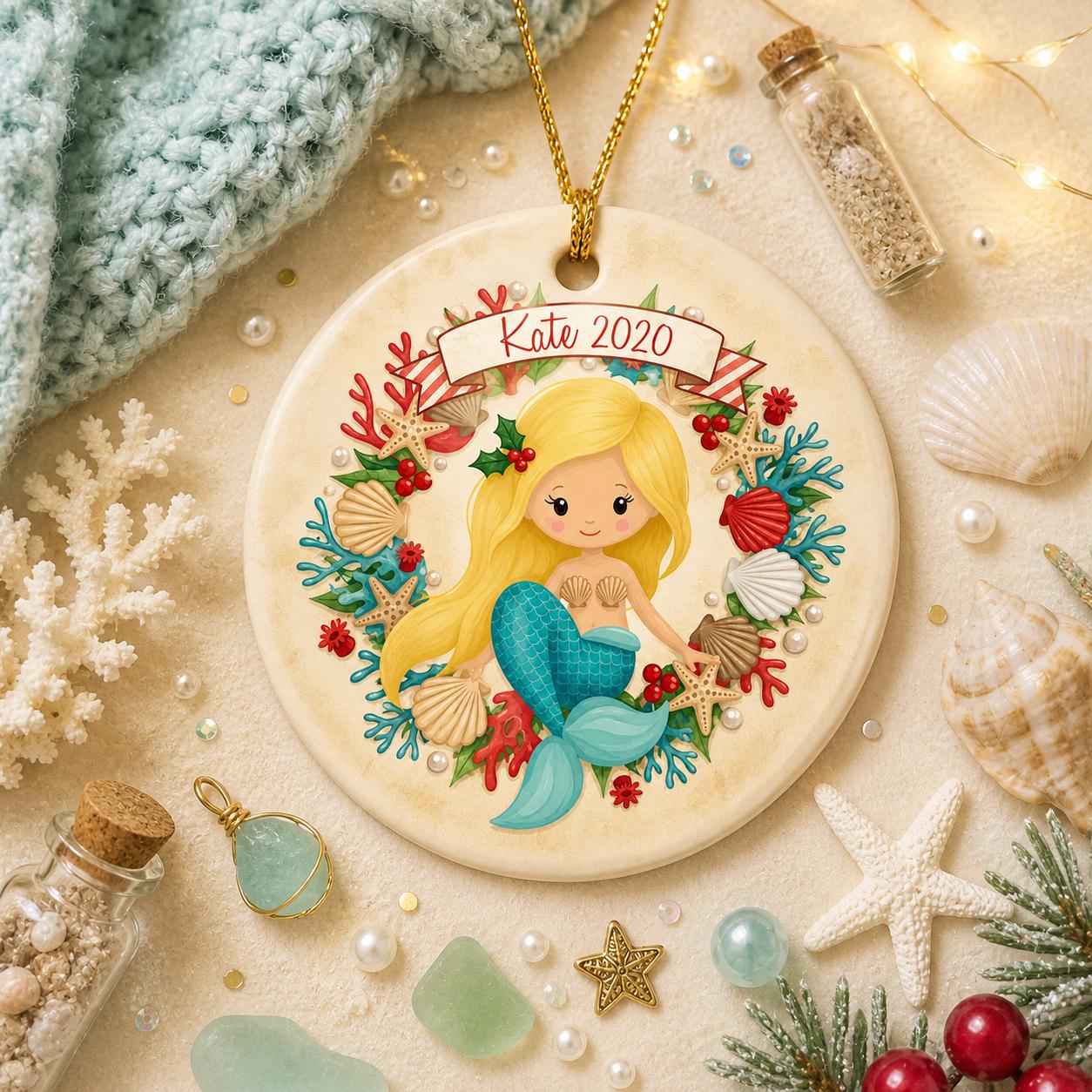 Mermaid Ceramic Ornament, Under the Sea Wreath, Nautical Nursery Decor, Custom Name KeepsakePersonalized