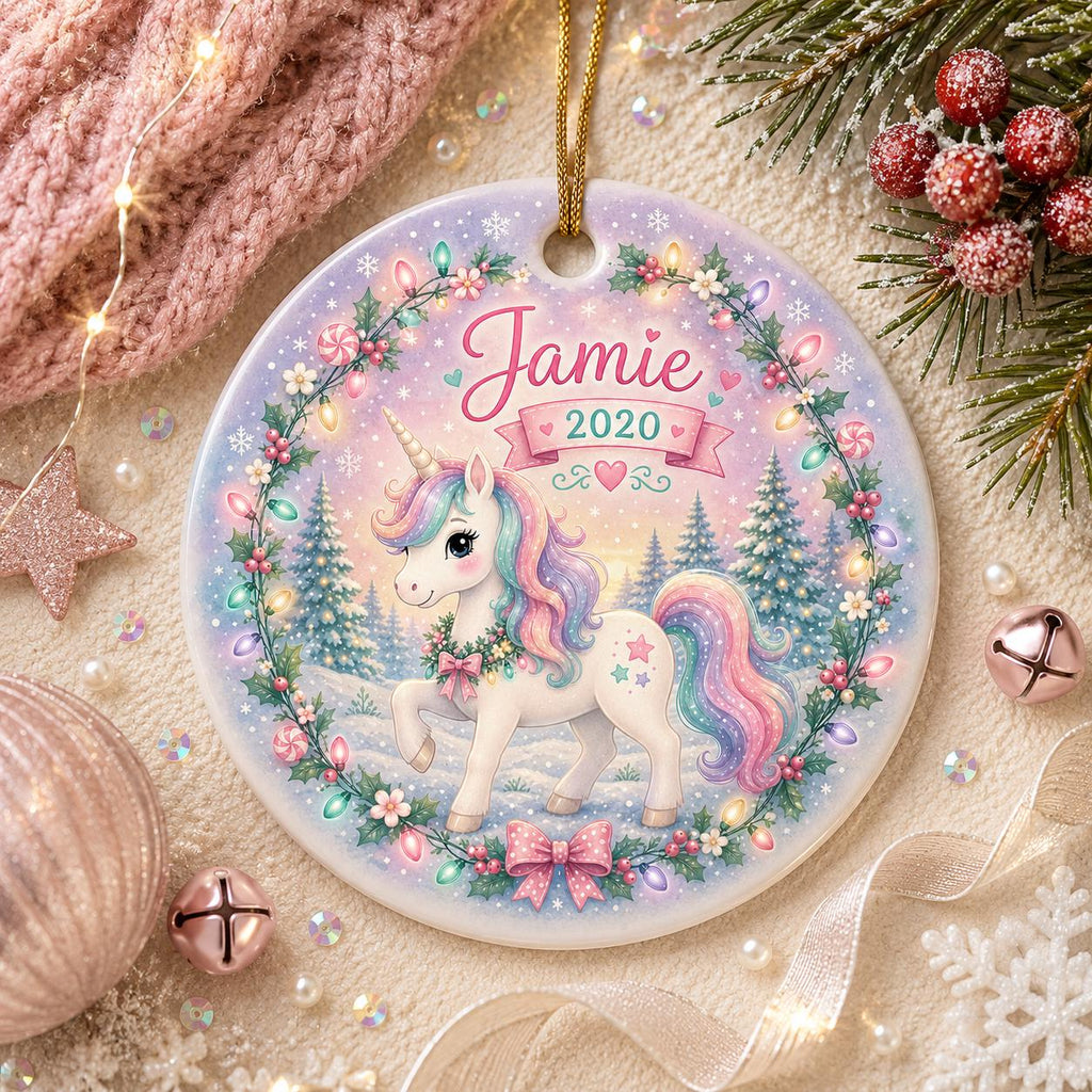 Unicorn Christmas Ornament, Custom Name Holiday Lights Decor, Mythical Creature KeepsakePersonalized