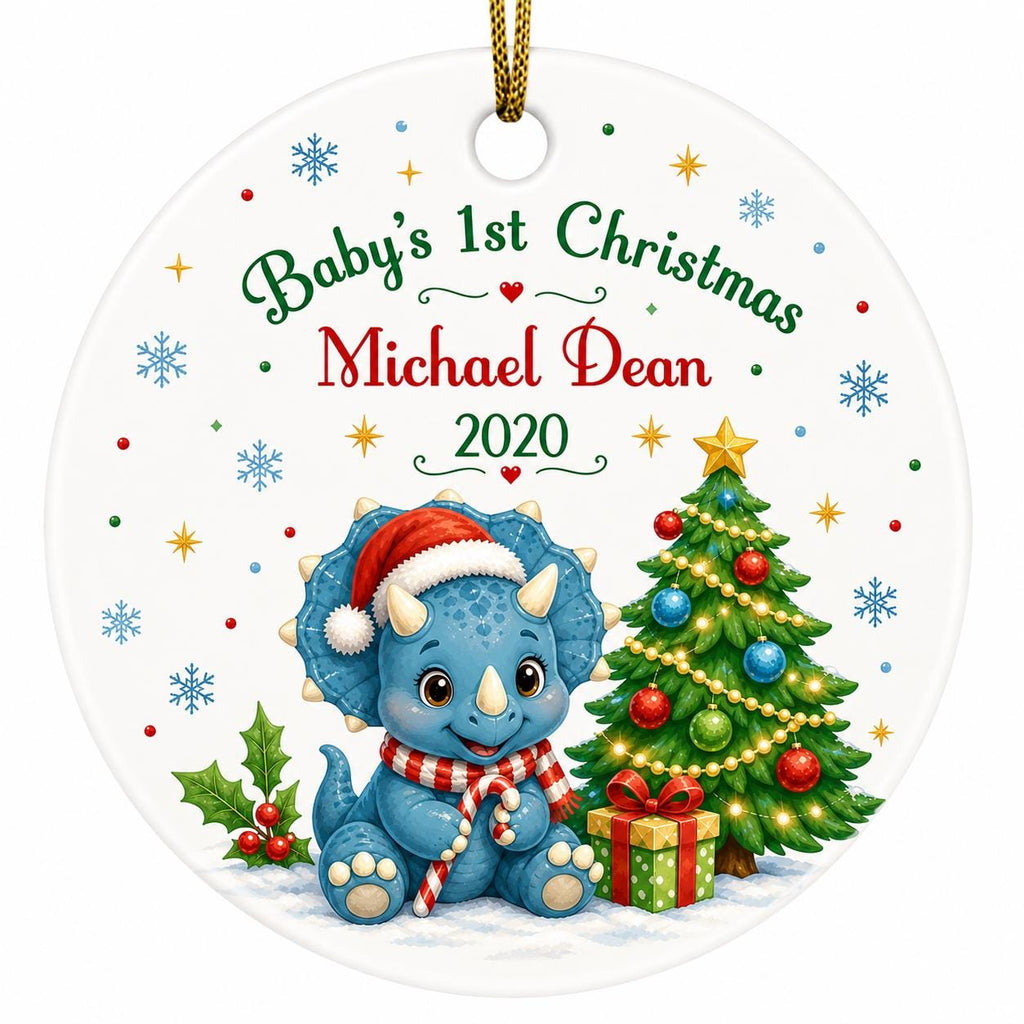 Baby's First Christmas Dinosaur Ornament, Personalized Triceratops Keepsake, Custom Name Holiday DecorPersonalized