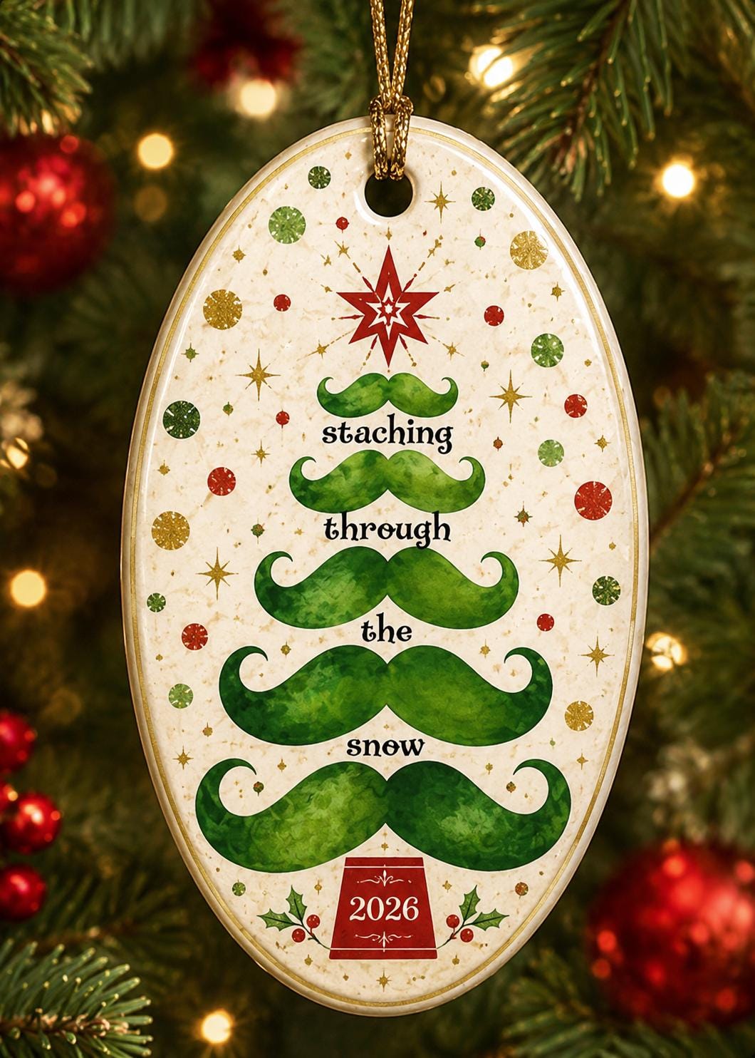 Funny Mustache Christmas Ornament, Staching Through Snow Tree Keepsake, Barber Holiday DecorPersonalized