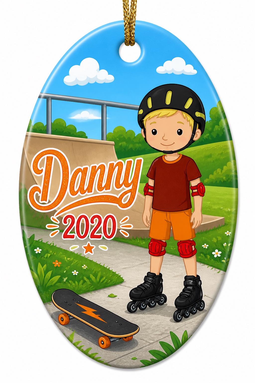Boy Roller Skating Ornament, Custom Skater Christmas Decor, Inline Skate KeepsakePersonalized