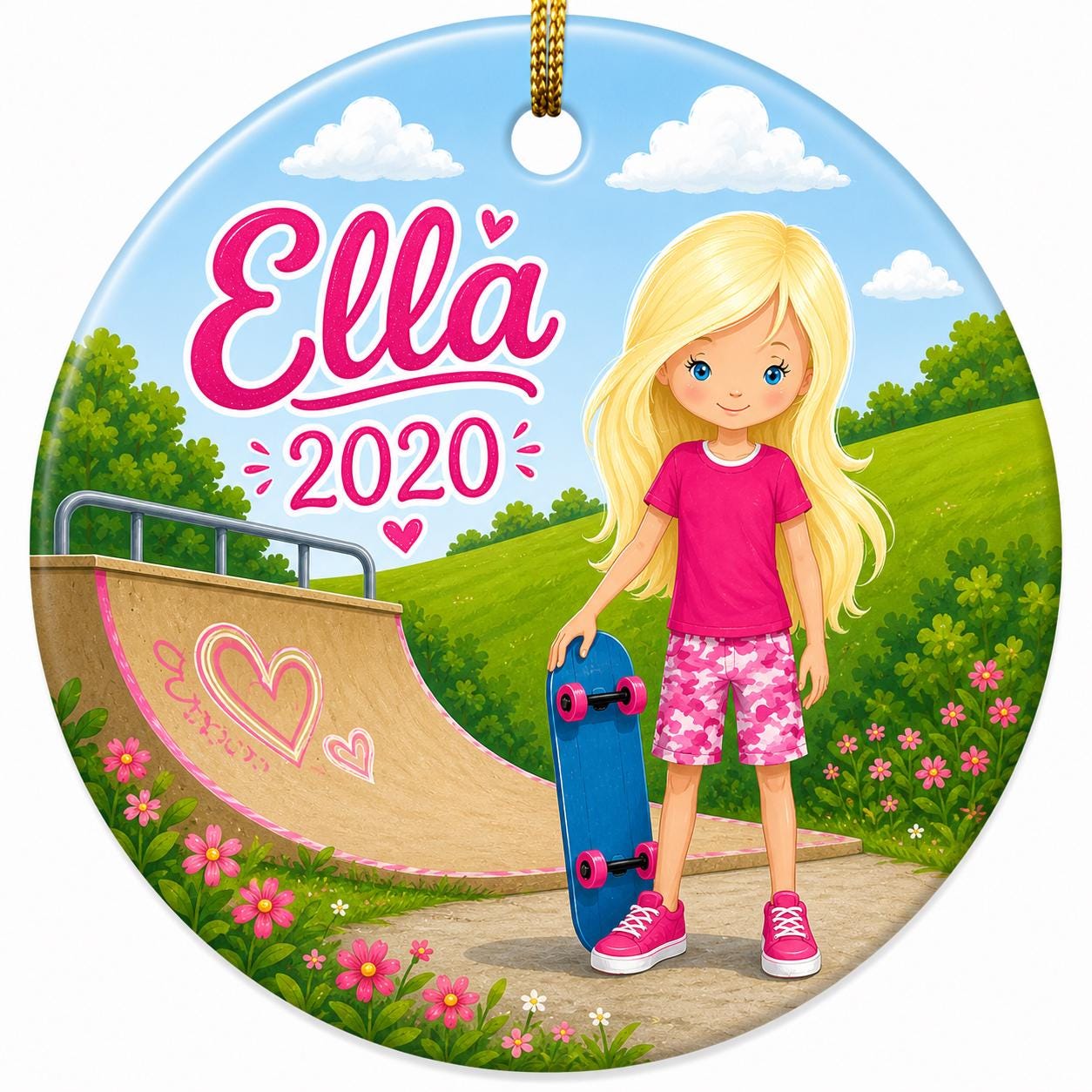 Skater Girl Ornament, Custom Name Skateboard Gift, Pink Camo Sport Decor, Ceramic KeepsakePersonalized