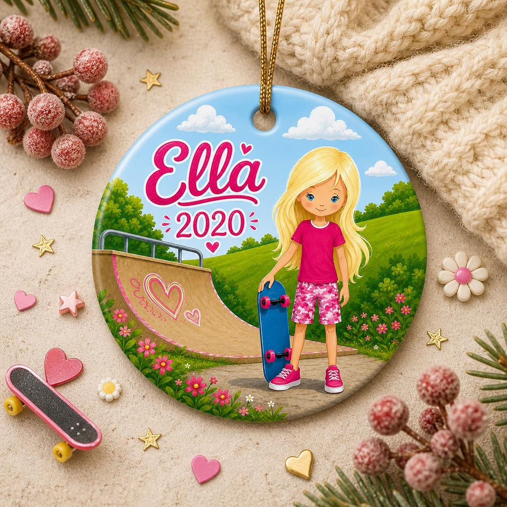Skater Girl Ornament, Custom Name Skateboard Gift, Pink Camo Sport Decor, Ceramic KeepsakePersonalized