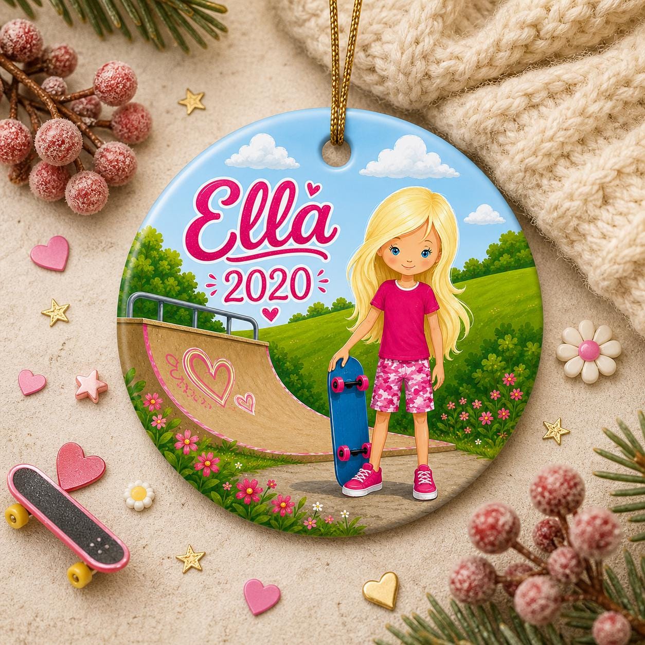 Skater Girl Ornament, Custom Name Skateboard Gift, Pink Camo Sport Decor, Ceramic KeepsakePersonalized