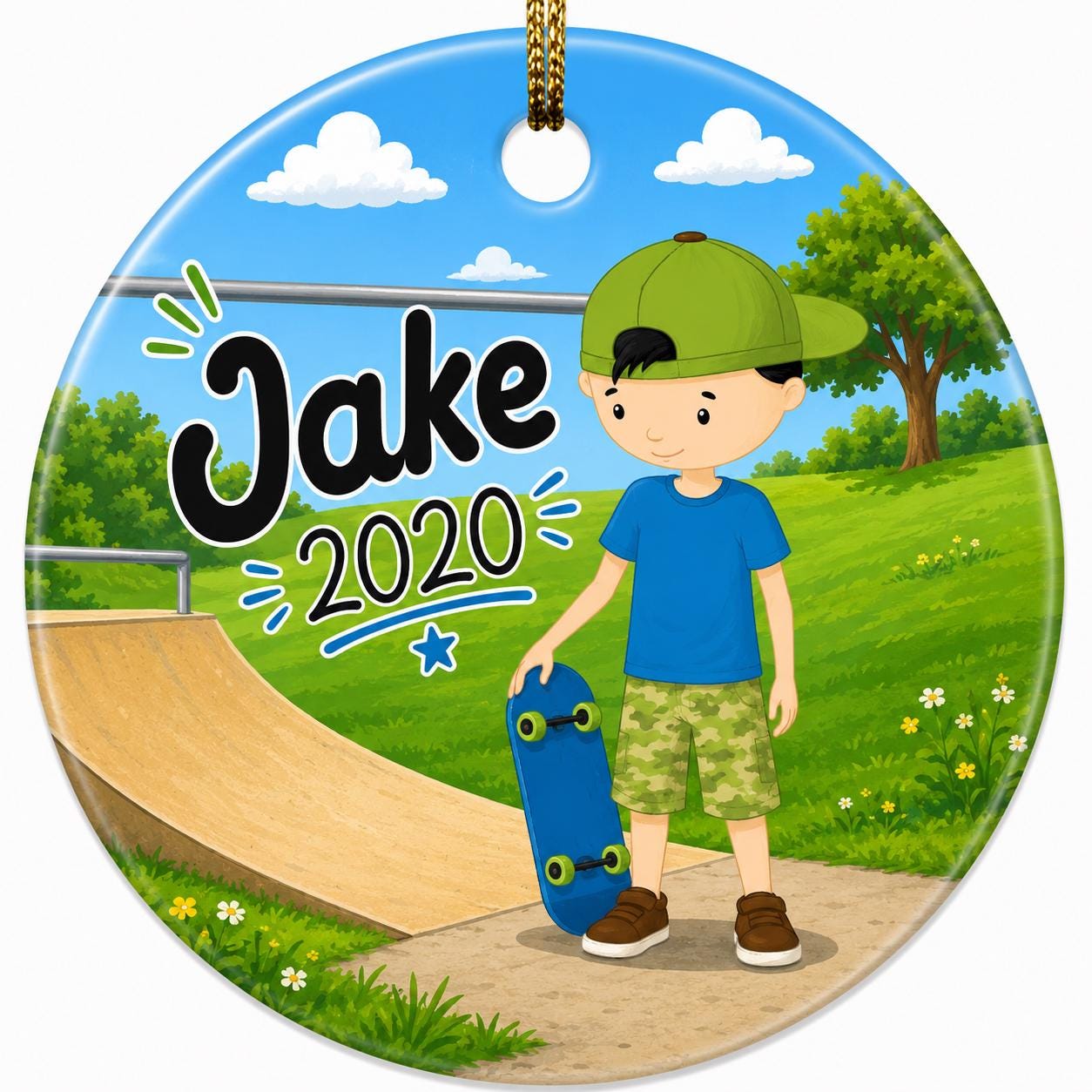 Skateboarder Boy Ornament, Custom Name Skater Gift, Green Camo Skate Park DecorPersonalized