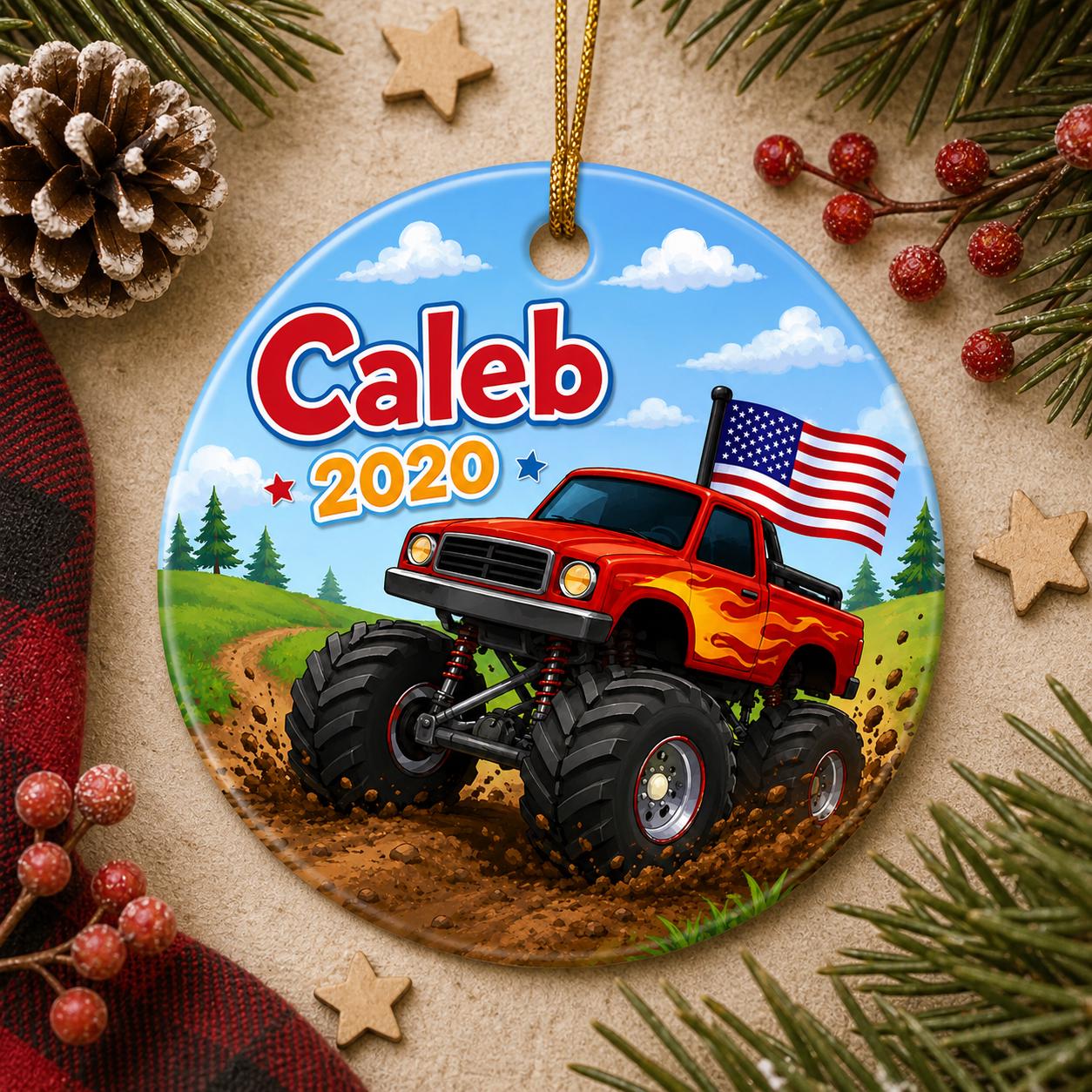 Monster Truck Ornament, American Flag, Red Flames, Patriotic Holiday KeepsakePersonalized