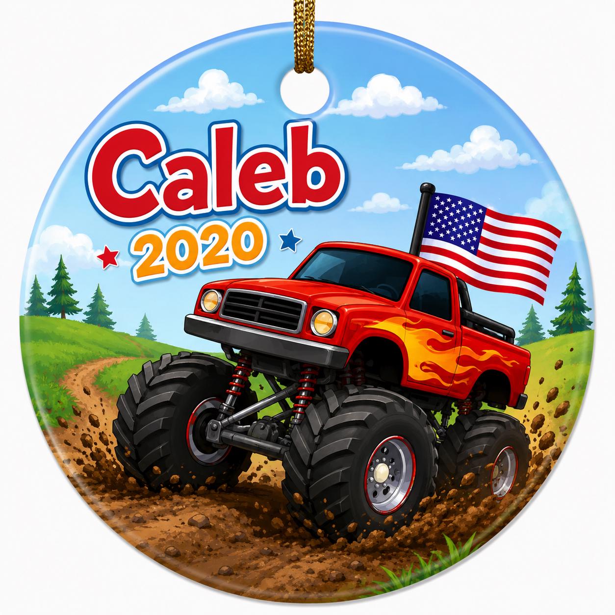 Monster Truck Ornament, American Flag, Red Flames, Patriotic Holiday KeepsakePersonalized