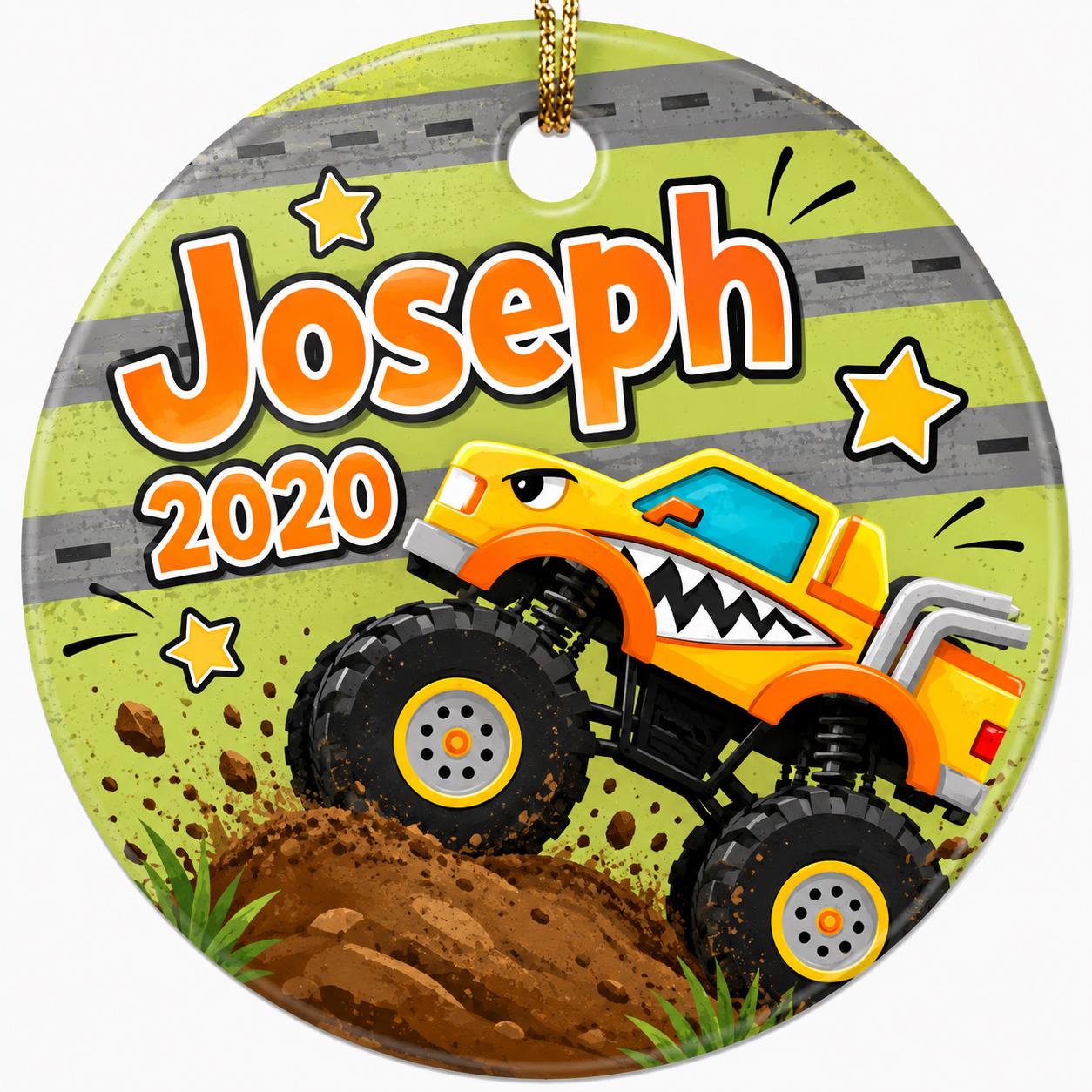 Shark Monster Truck Ornament, Custom Boy Name Gift, Ceramic Holiday KeepsakePersonalized