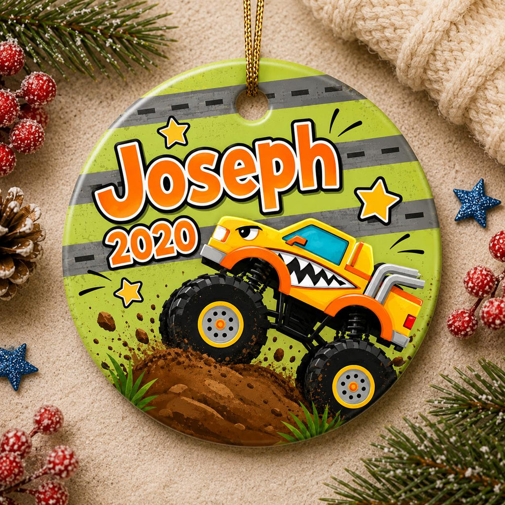 Shark Monster Truck Ornament, Custom Boy Name Gift, Ceramic Holiday KeepsakePersonalized
