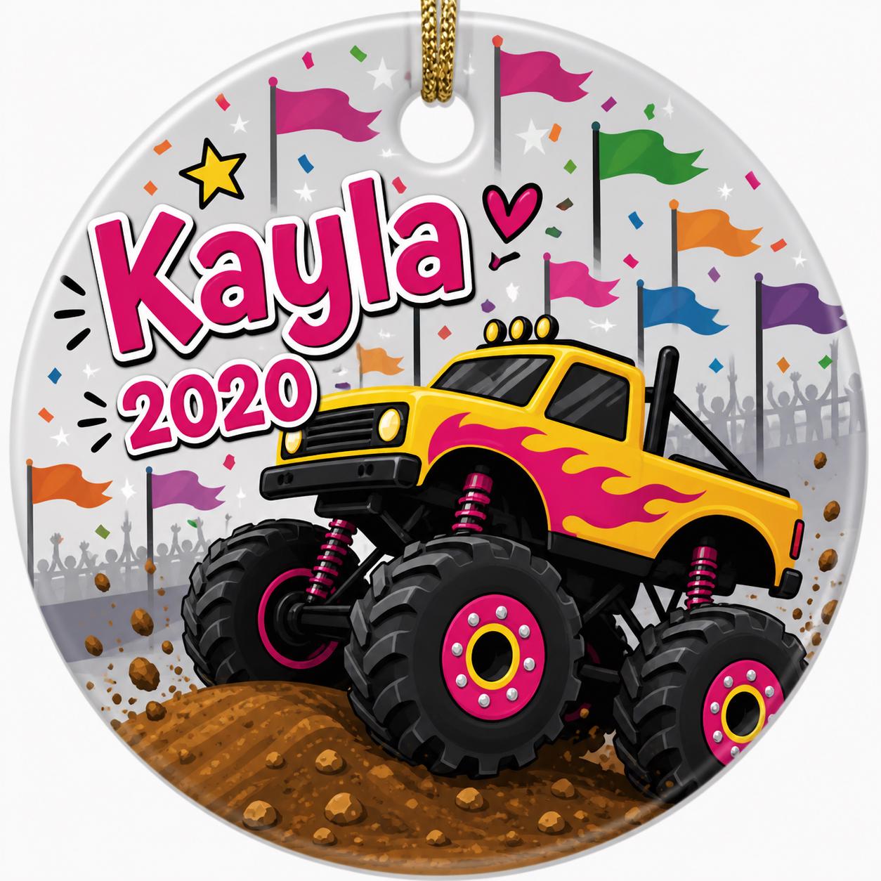 Yellow Monster Truck Ornament, Racing Flags, Child Ceramic KeepsakePersonalized