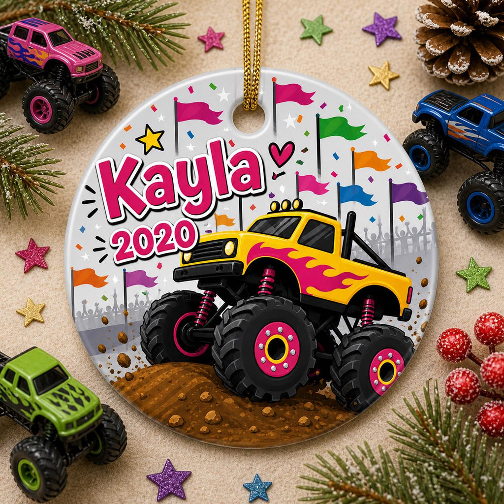 Yellow Monster Truck Ornament, Racing Flags, Child Ceramic KeepsakePersonalized
