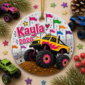 Yellow Monster Truck Ornament, Racing Flags, Child Ceramic KeepsakePersonalized