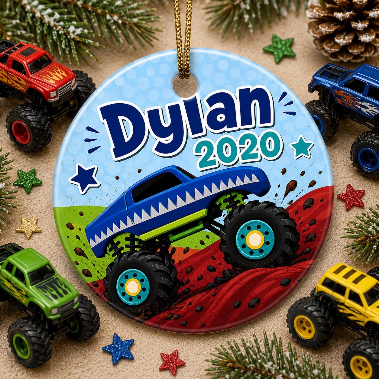 Monster Truck Ornament, Blue Shark Jaw Design, Kids Holiday KeepsakePersonalized