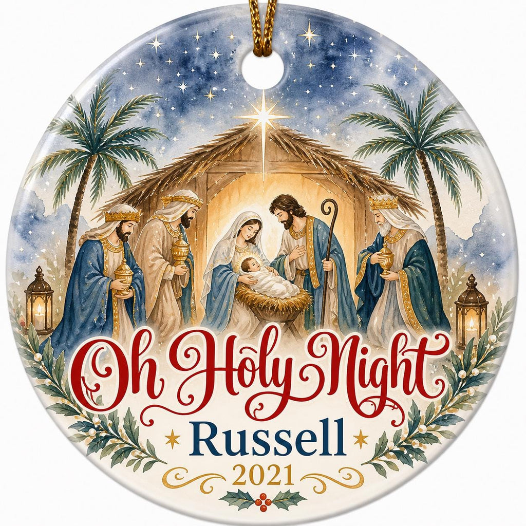 Oh Holy Night Nativity Ornament, Watercolor Manger Scene, Three Wise Men Ceramic KeepsakePersonalized