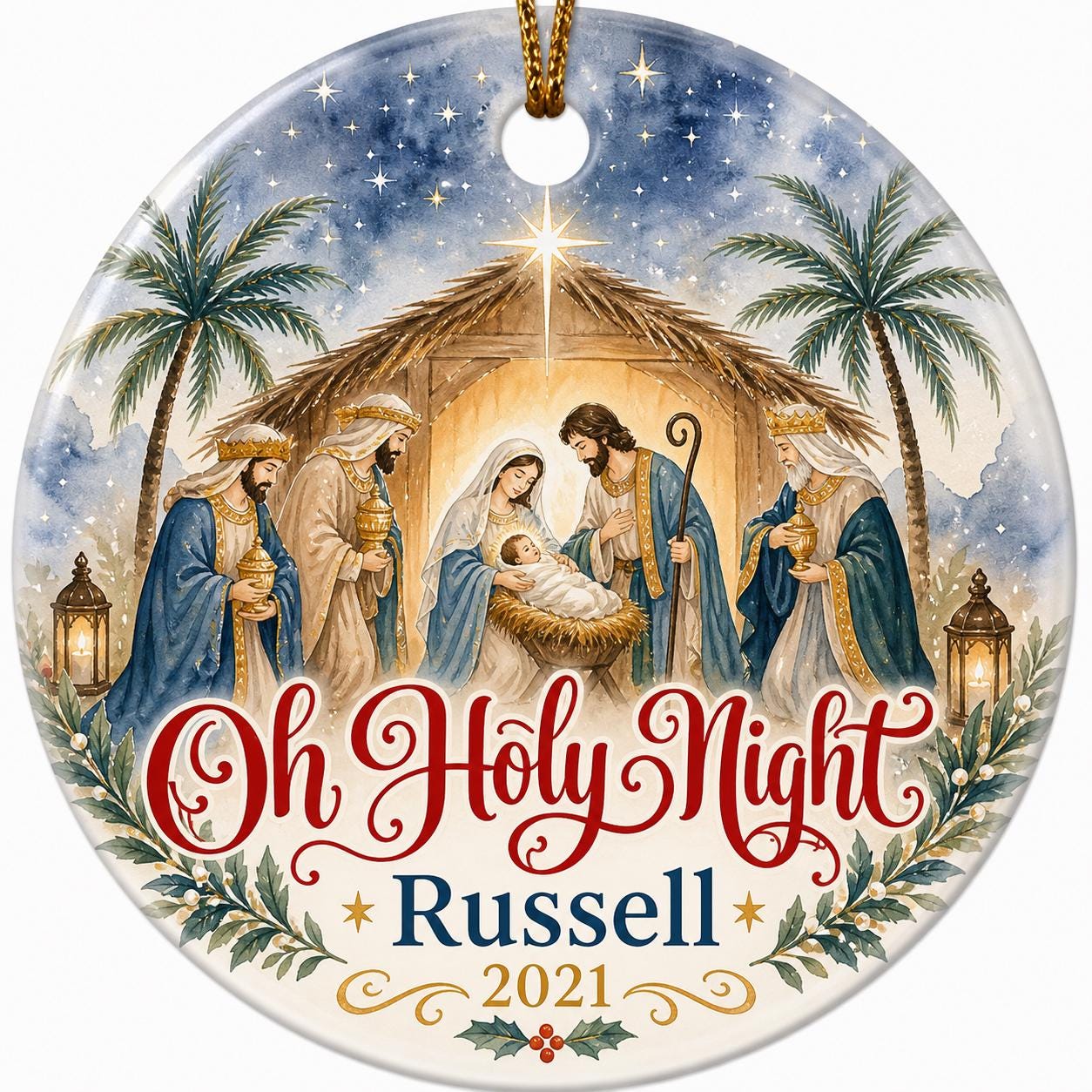 Oh Holy Night Nativity Ornament, Watercolor Manger Scene, Three Wise Men Ceramic KeepsakePersonalized