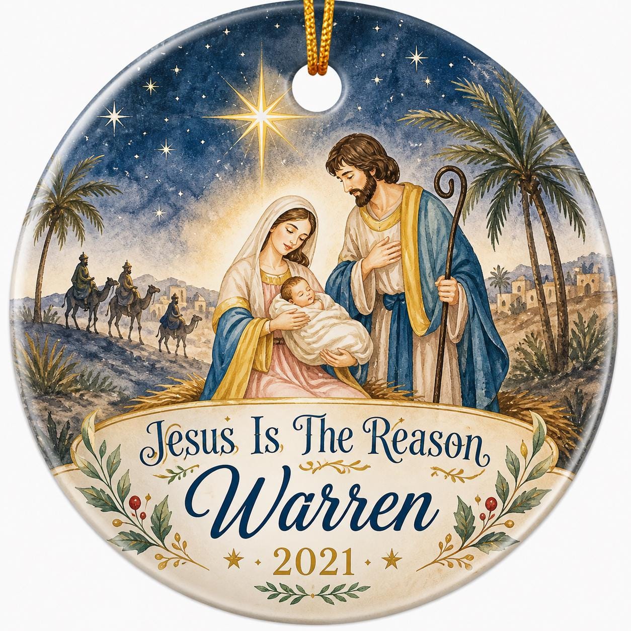 Nativity Scene Ceramic Ornament, Watercolor Holy Family Christmas Decor, Religious KeepsakePersonalized