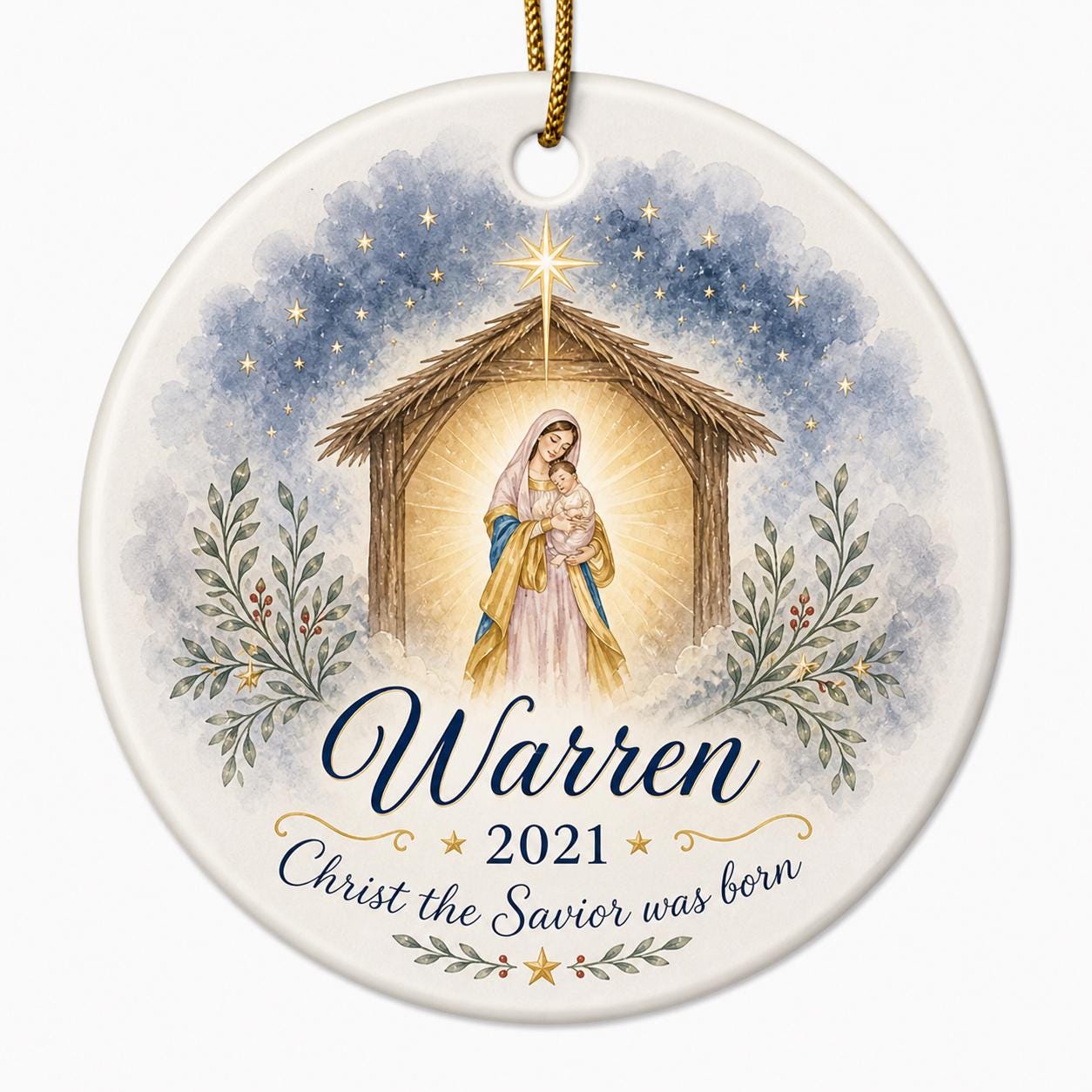 Nativity Scene Ceramic Ornament, Virgin Mary Baby Jesus Watercolor Art, Religious Holiday KeepsakePersonalized