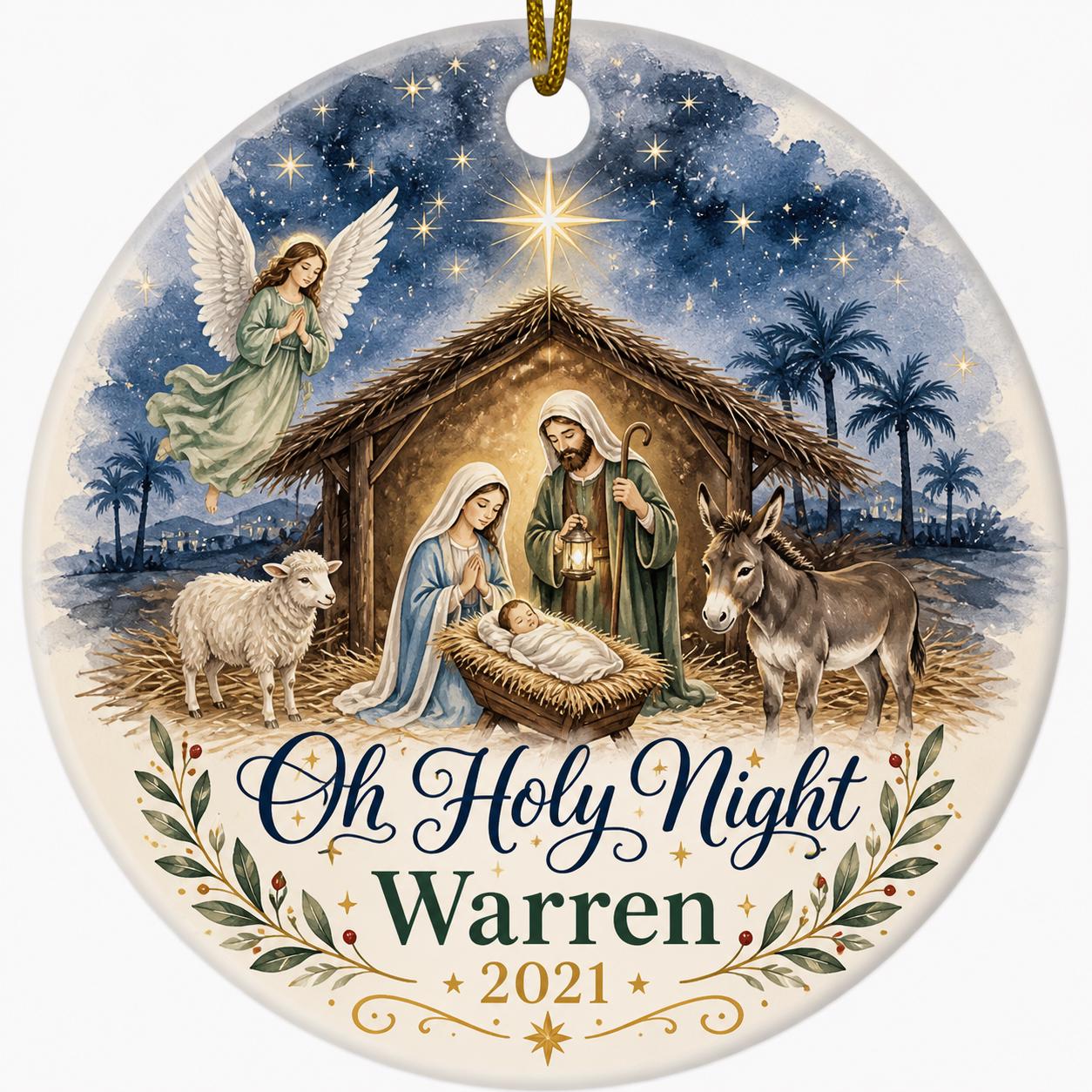 Oh Holy Night Nativity Ceramic Ornament, Watercolor Manger Scene KeepsakePersonalized