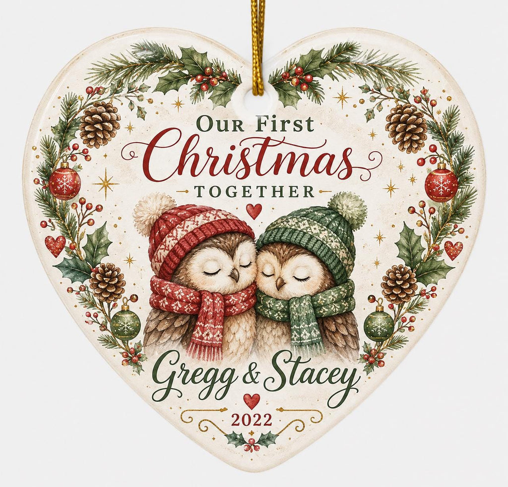 Our First Christmas Ornament, Couple Name Gift, Watercolor Owls, Heart Ceramic KeepsakePersonalized
