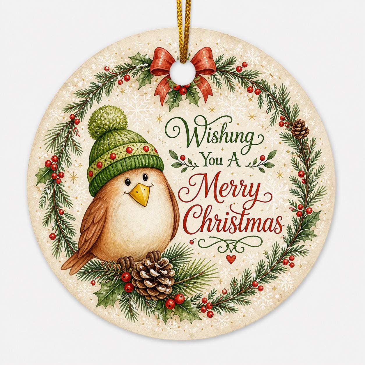 Watercolor Robin Christmas Ornament, Custom Family Name Gift, Winter Bird Ceramic KeepsakePersonalized